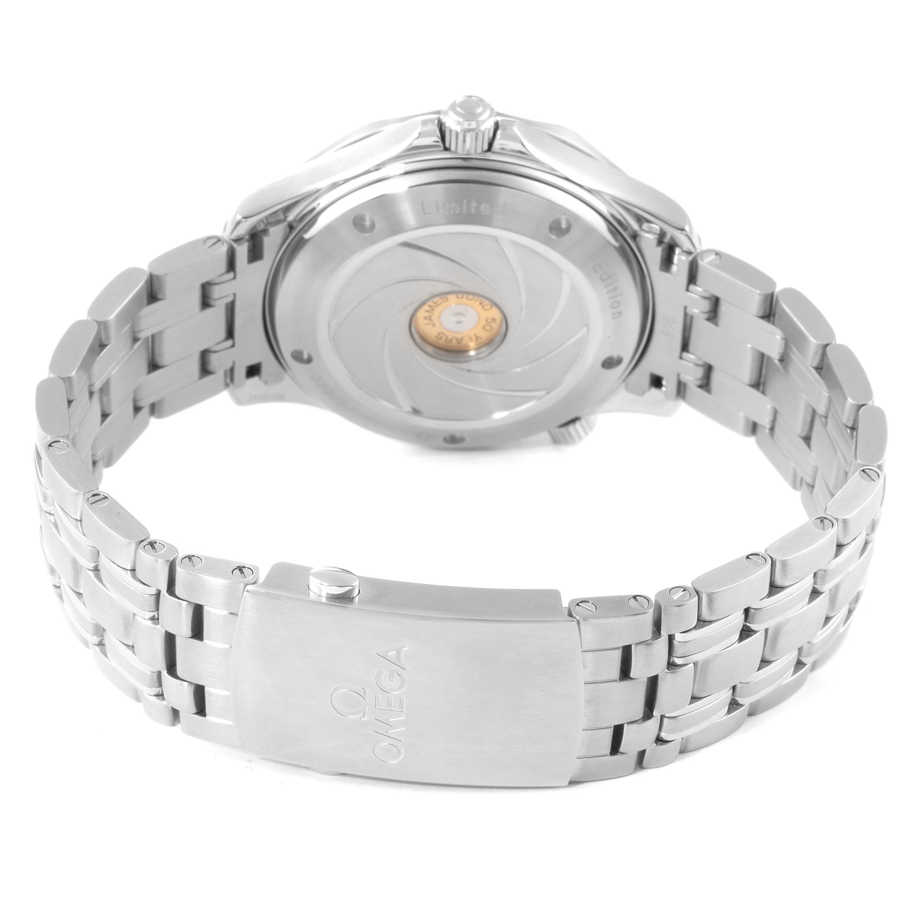 This image displays the back and bracelet, including the clasp with the Omega logo, of an Omega Seamaster 212.30.41.20.01.005 Men's Stainless Steel Black Dial 212.30.41.20.01.005 Men's Stainless Steel Black Dial watch.