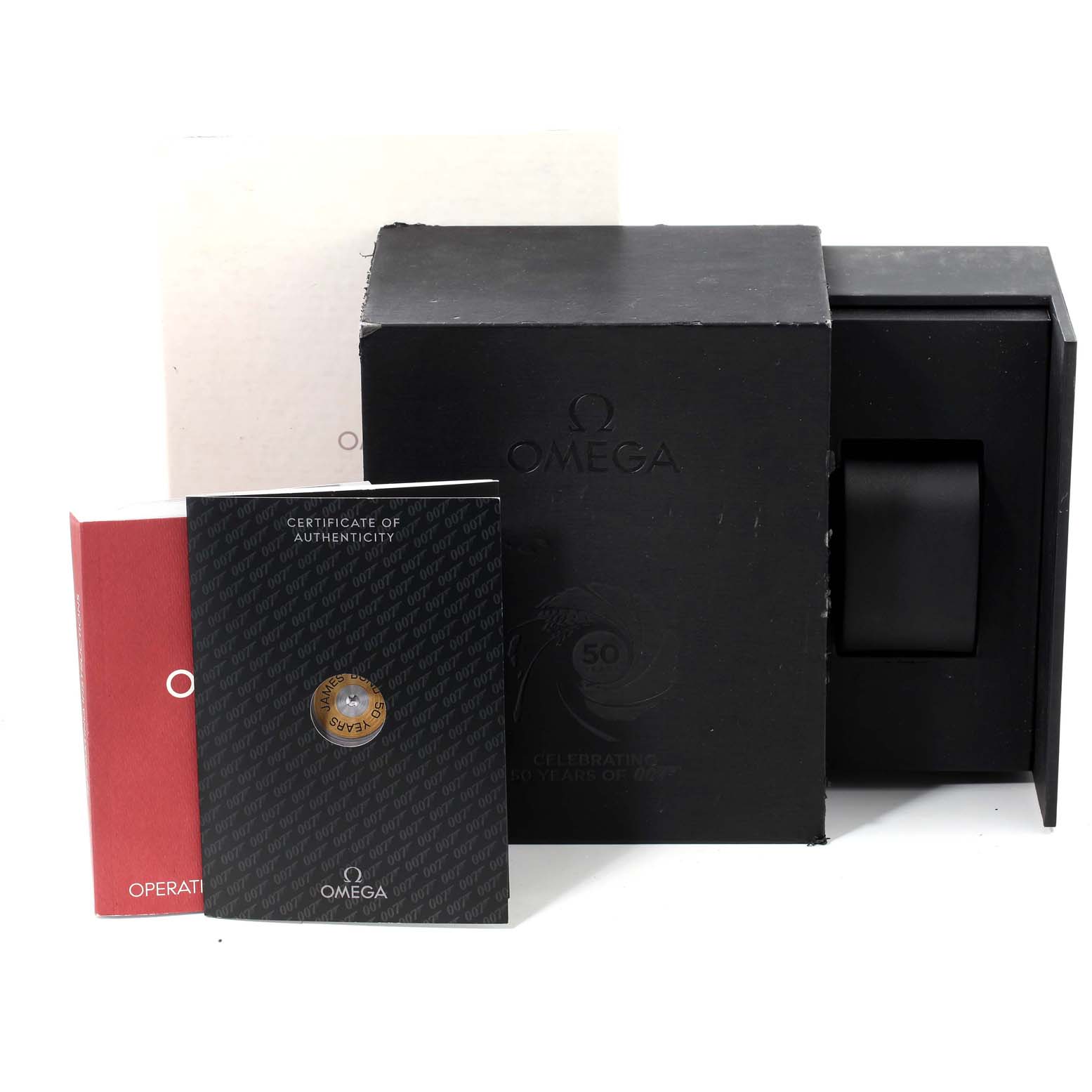 The image shows the packaging box, certificate of authenticity, and operation manual for an Omega Seamaster 212.30.41.20.01.005 Men's Stainless Steel Black Dial 212.30.41.20.01.005 Men's Stainless Steel Black Dial watch.