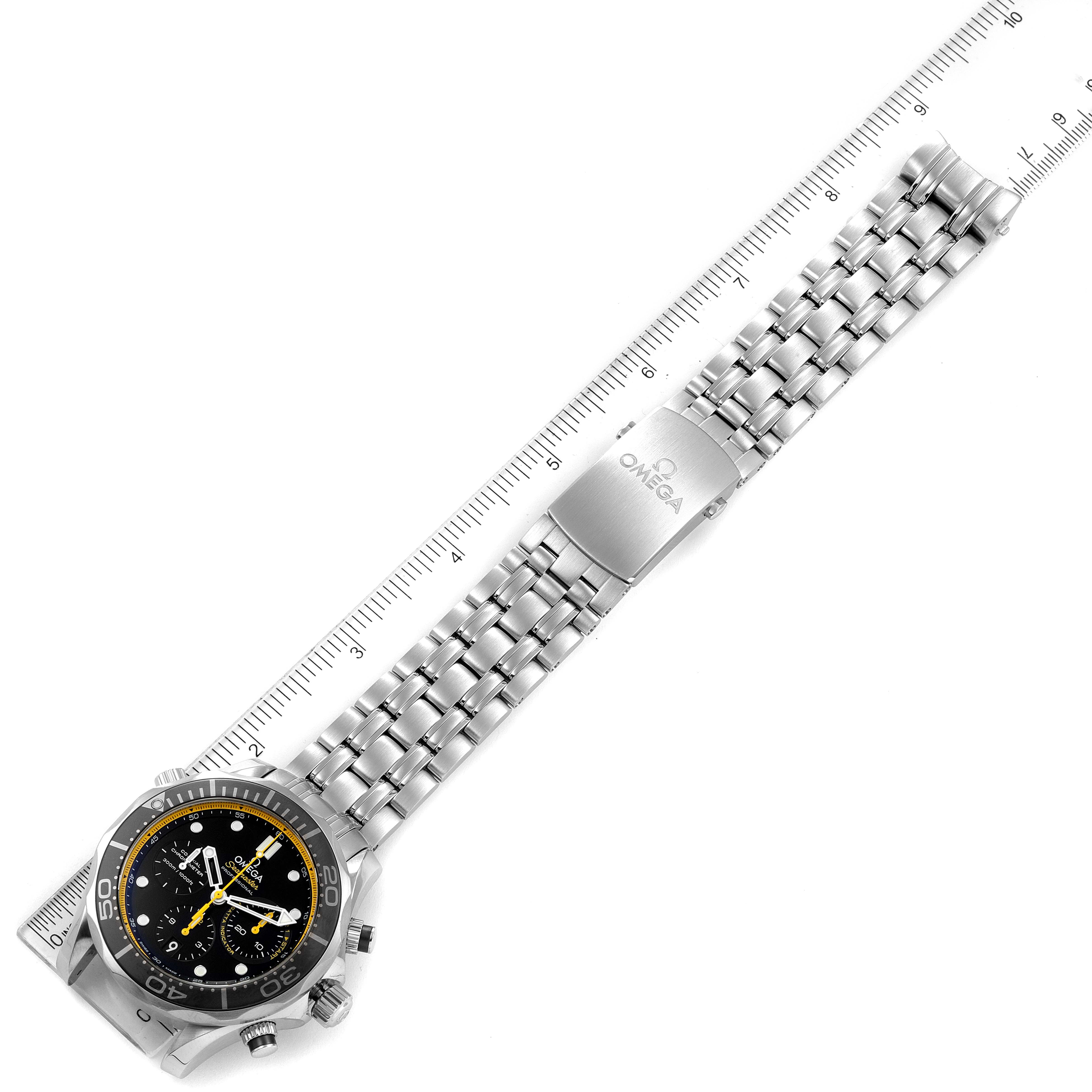 The Omega Seamaster 212.30.44.50.01.002 Men's Stainless Steel Black Dial 212.30.44.50.01.002 Men's Stainless Steel Black Dial watch is shown from a top-down angle, highlighting the face, bezel, and full metal bracelet with the clasp.