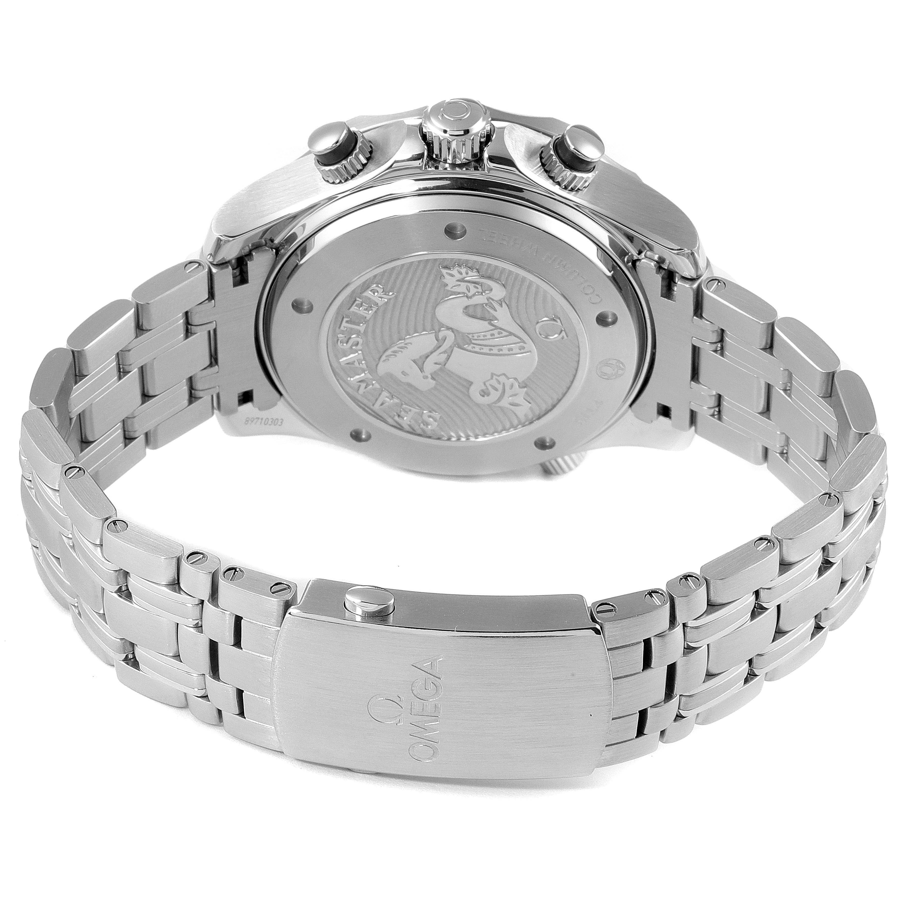 The image shows the back view of an Omega Seamaster 212.30.44.50.01.002 Men's Stainless Steel Black Dial 212.30.44.50.01.002 Men's Stainless Steel Black Dial watch, featuring the case back, bracelet links, and clasp.