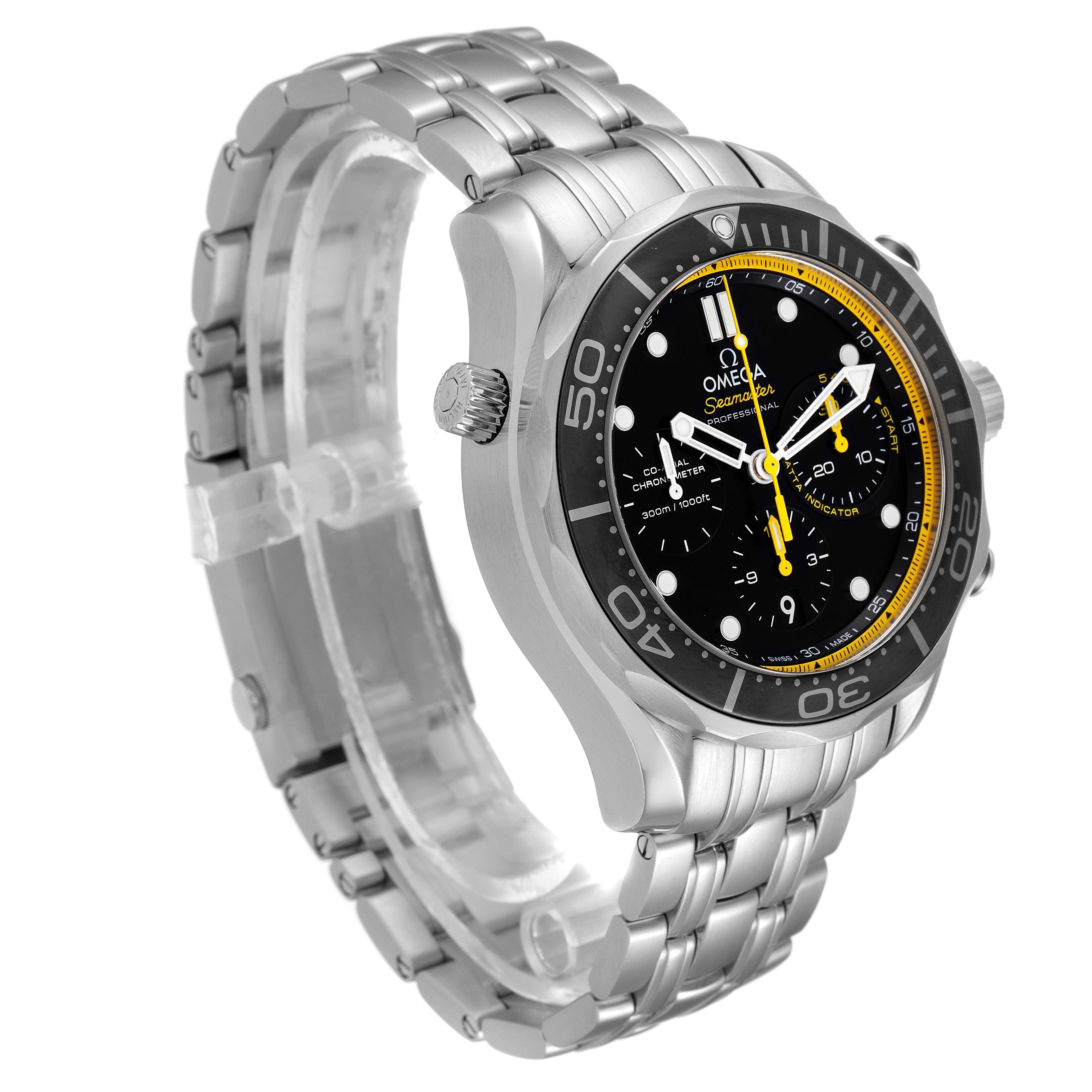 The image shows an angled view of an Omega Seamaster 212.30.44.50.01.002 Men's Stainless Steel Black Dial 212.30.44.50.01.002 Men's Stainless Steel Black Dial watch, highlighting its bezel, crown, dial, and stainless steel bracelet.