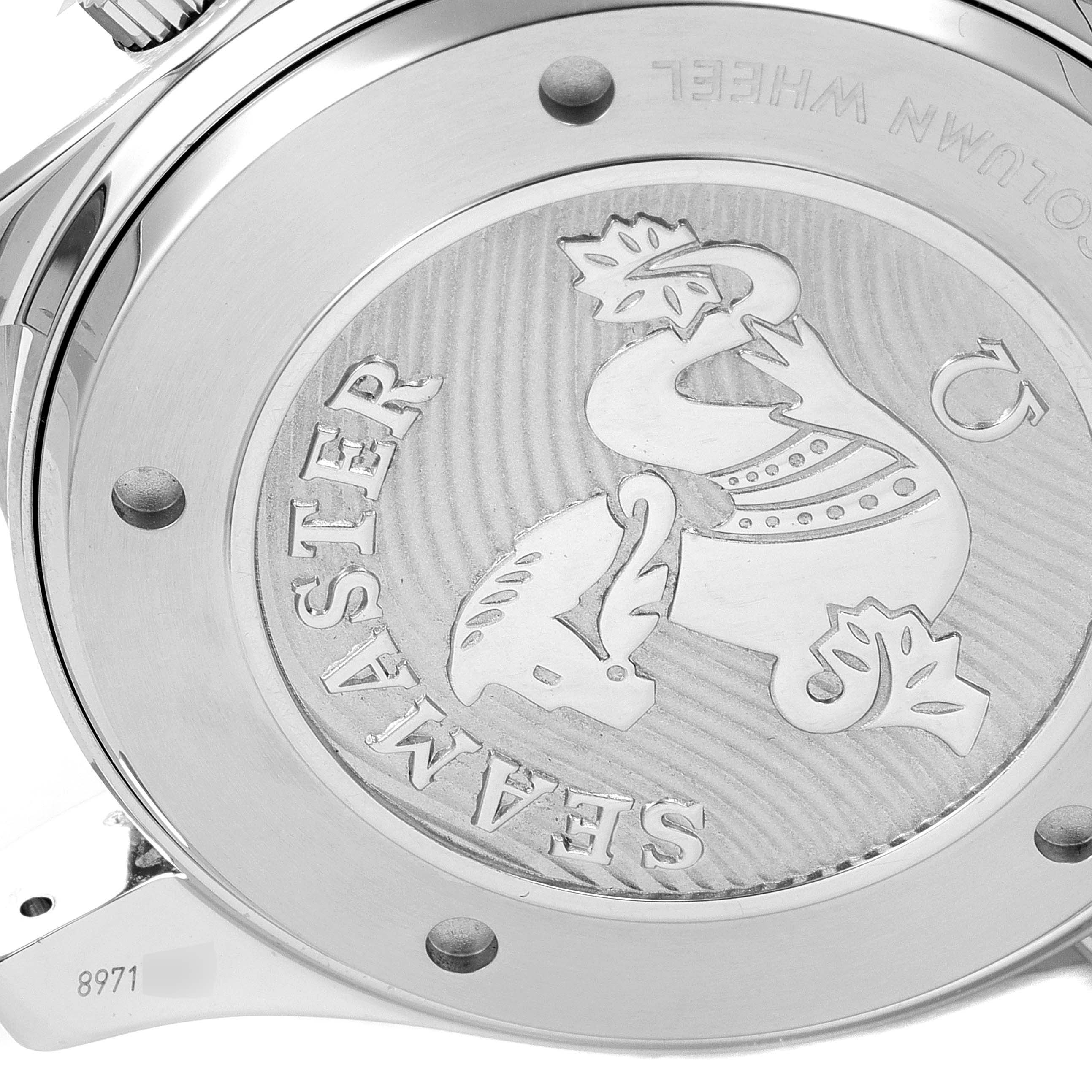 The image shows the case back of an Omega Seamaster 212.30.44.50.01.002 Men's Stainless Steel Black Dial 212.30.44.50.01.002 Men's Stainless Steel Black Dial watch featuring its emblem and engraved details.