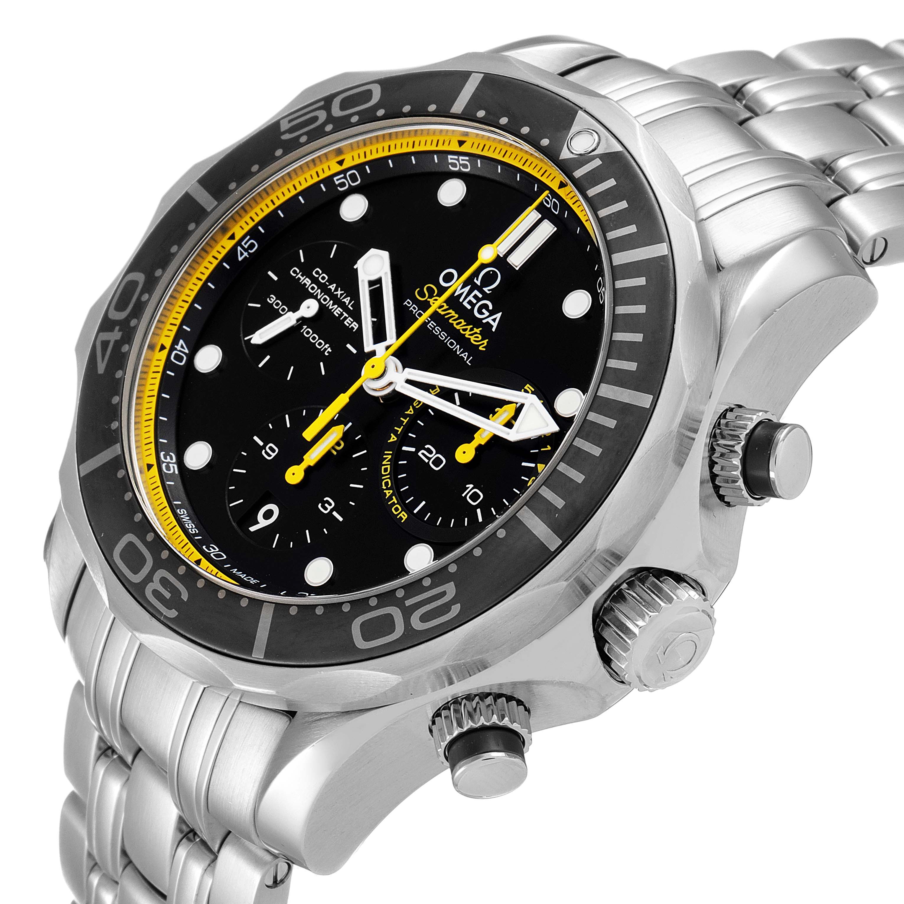 The image shows a detailed angled view of the Omega Seamaster 212.30.44.50.01.002 Men's Stainless Steel Black Dial 212.30.44.50.01.002 Men's Stainless Steel Black Dial's face, bezel, and part of its stainless steel bracelet.