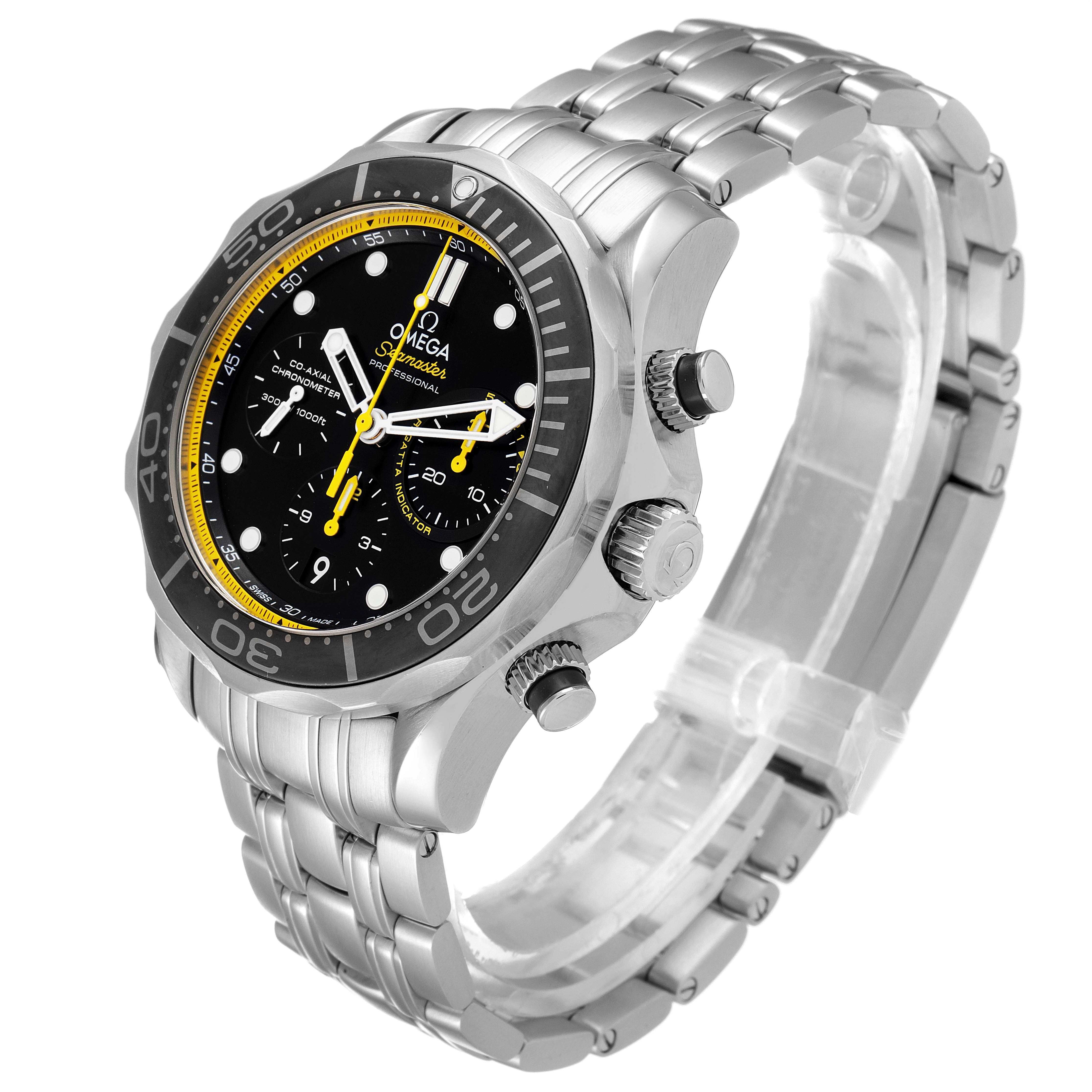 The image shows an angled side view of the Omega Seamaster 212.30.44.50.01.002 Men's Stainless Steel Black Dial 212.30.44.50.01.002 Men's Stainless Steel Black Dial watch, highlighting its face, bezel, case, and metallic bracelet.