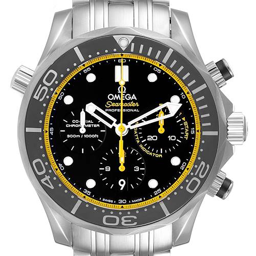 The image shows the front view of an Omega Seamaster Professional watch, highlighting its dial, bezel, and side pushers.