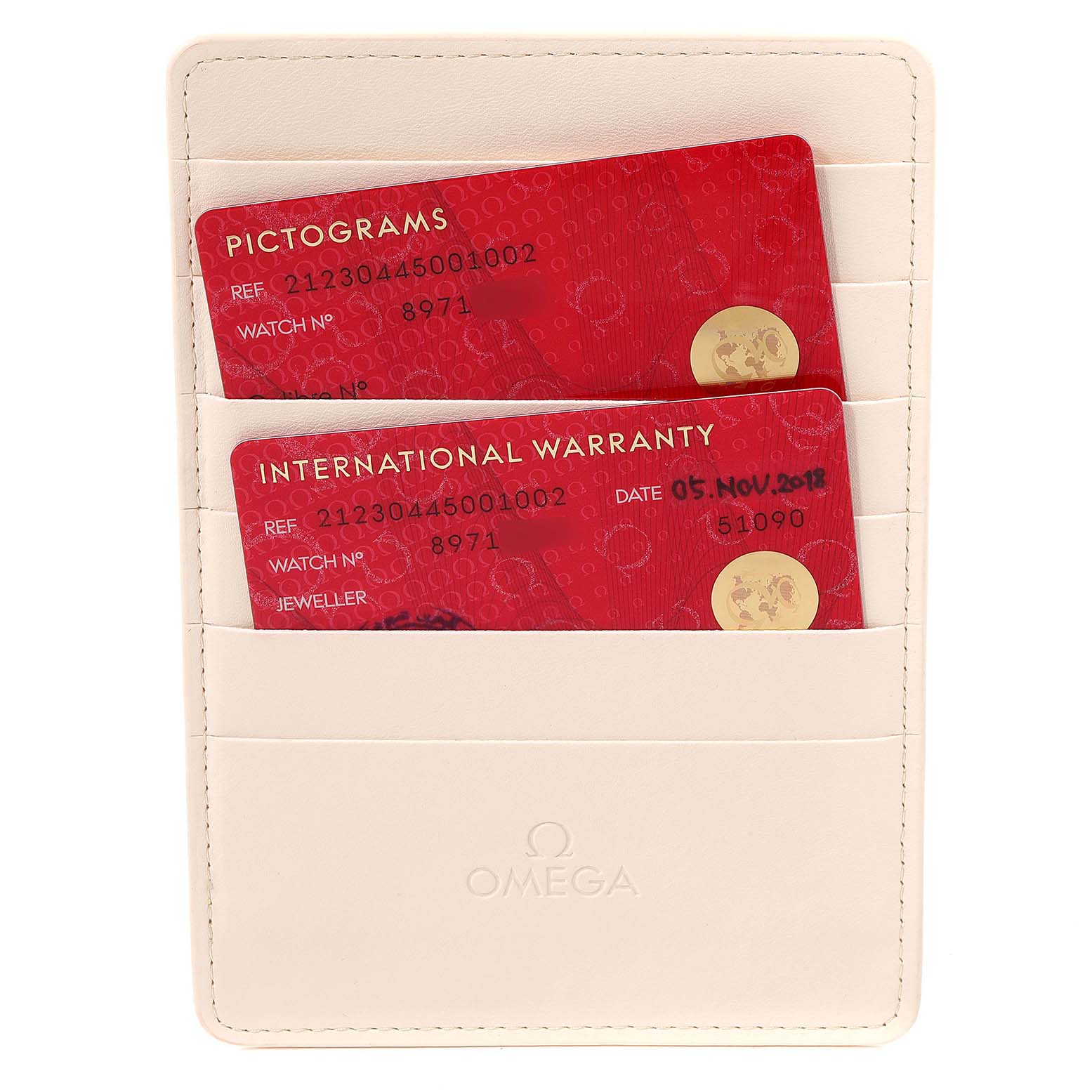 The image shows an Omega Seamaster 212.30.44.50.01.002 Men's Stainless Steel Black Dial 212.30.44.50.01.002 Men's Stainless Steel Black Dial watch's warranty and pictogram cards in a white Omega cardholder.