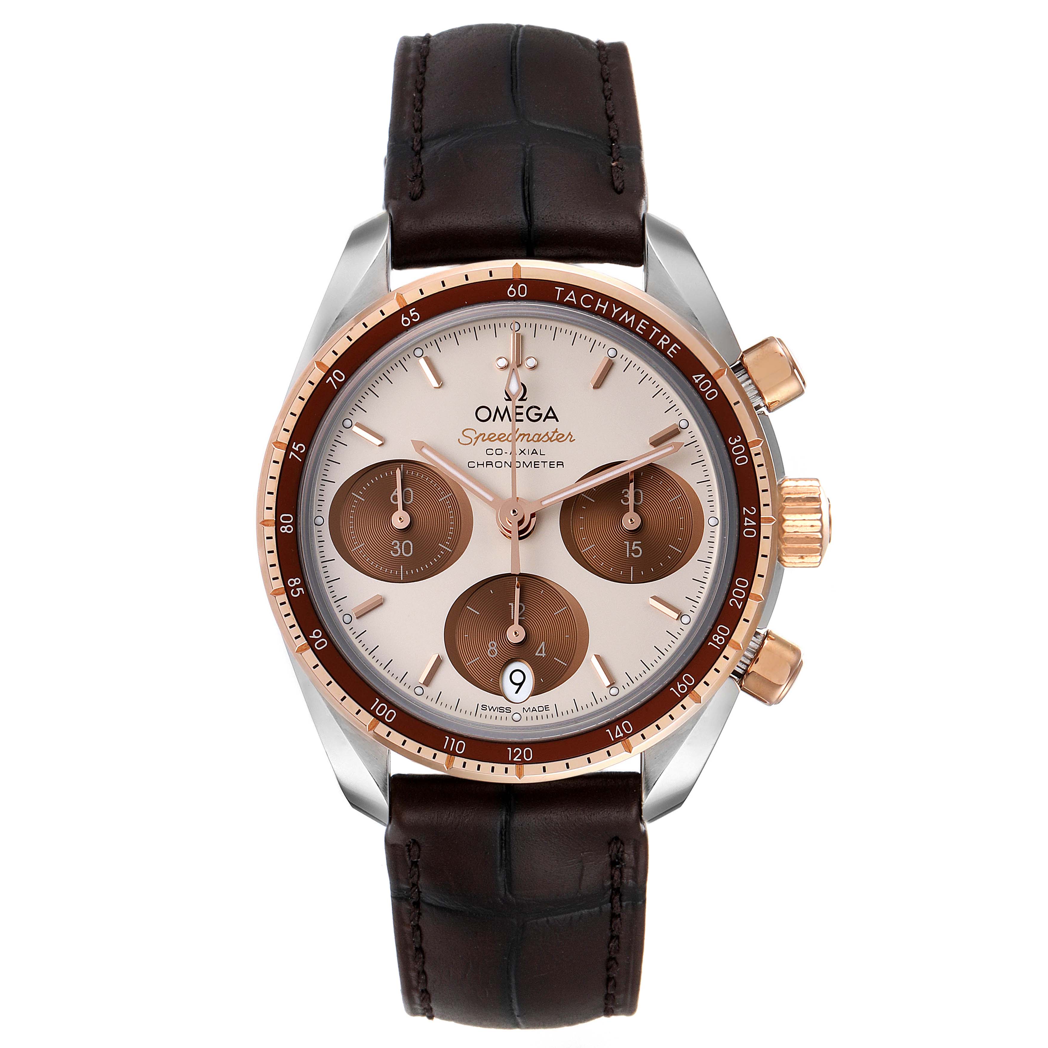 This image shows a front view of an Omega Speedmaster 324.23.38.50.02.002 Men's Steel and Gold (two tone) Silver Dial 324.23.38.50.02.002 Men's Steel and Gold (two tone) Silver Dial watch with a brown leather strap and a rose gold bezel.