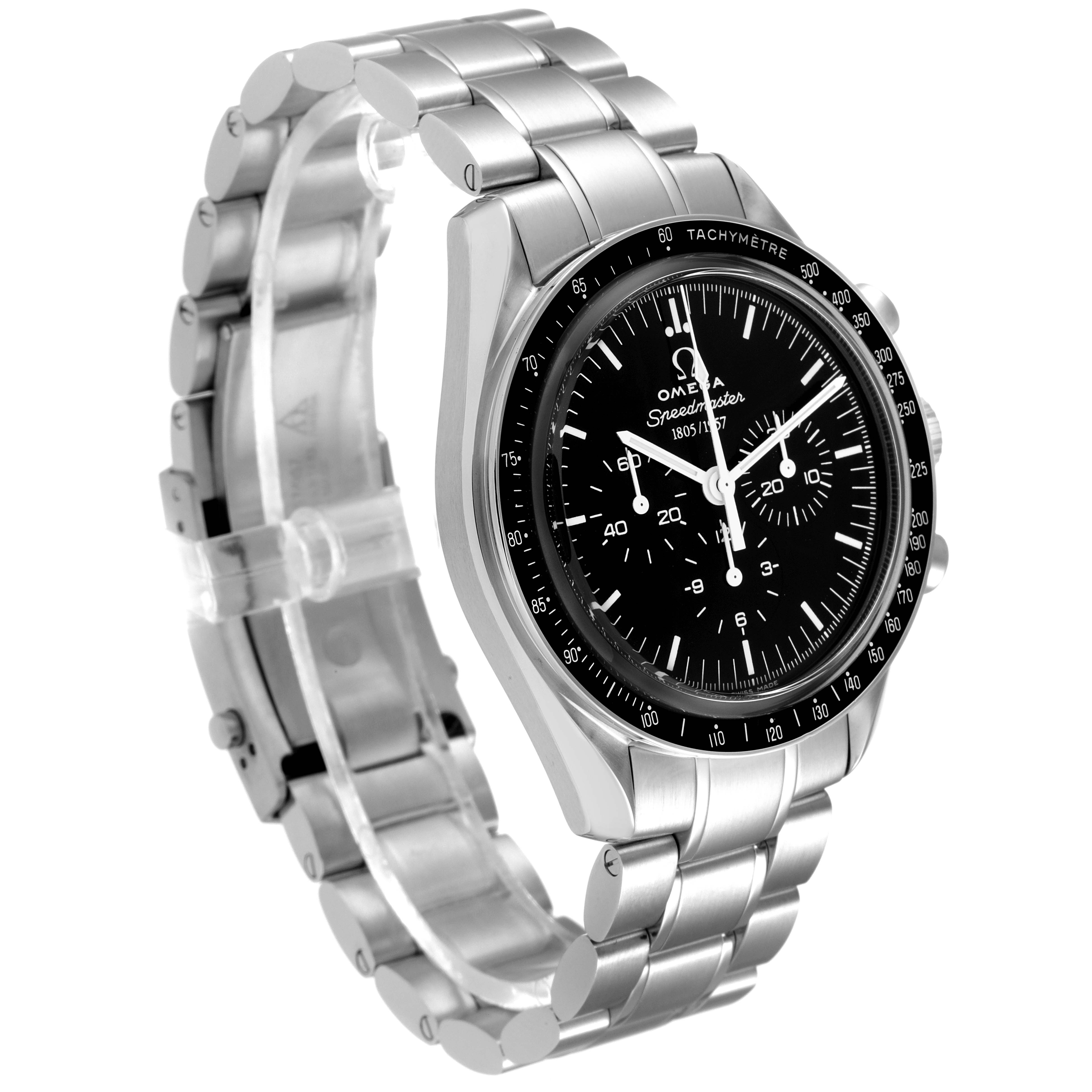 This image shows an angled side view of the Omega Speedmaster 311.33.42.50.01.001 Men's Stainless Steel Black Dial 311.33.42.50.01.001 Men's Stainless Steel Black Dial watch, highlighting the dial, bezel, and bracelet.