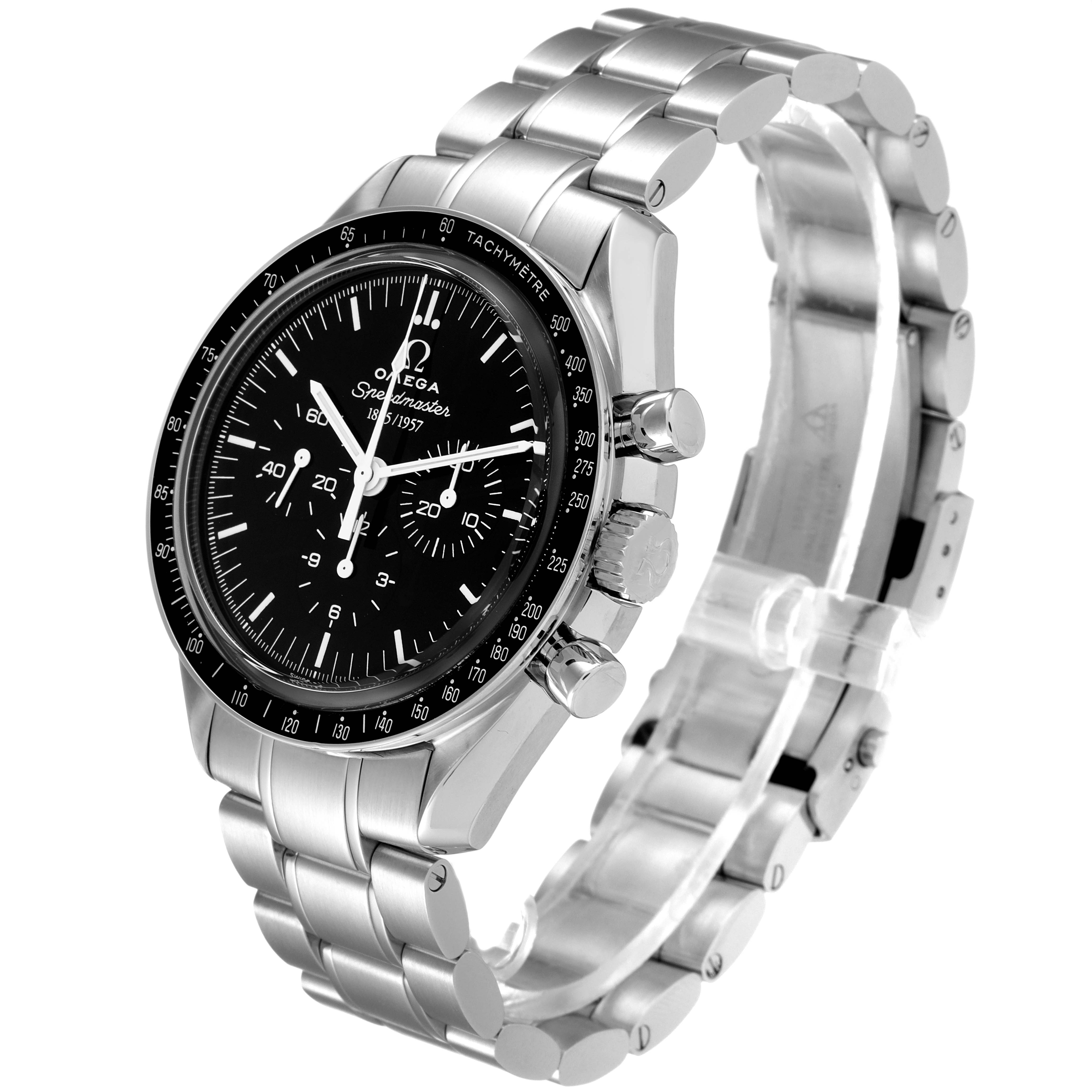 The image shows an Omega Speedmaster 311.33.42.50.01.001 Men's Stainless Steel Black Dial 311.33.42.50.01.001 Men's Stainless Steel Black Dial watch at a three-quarter angle, highlighting the dial, bezel, crown, and bracelet.