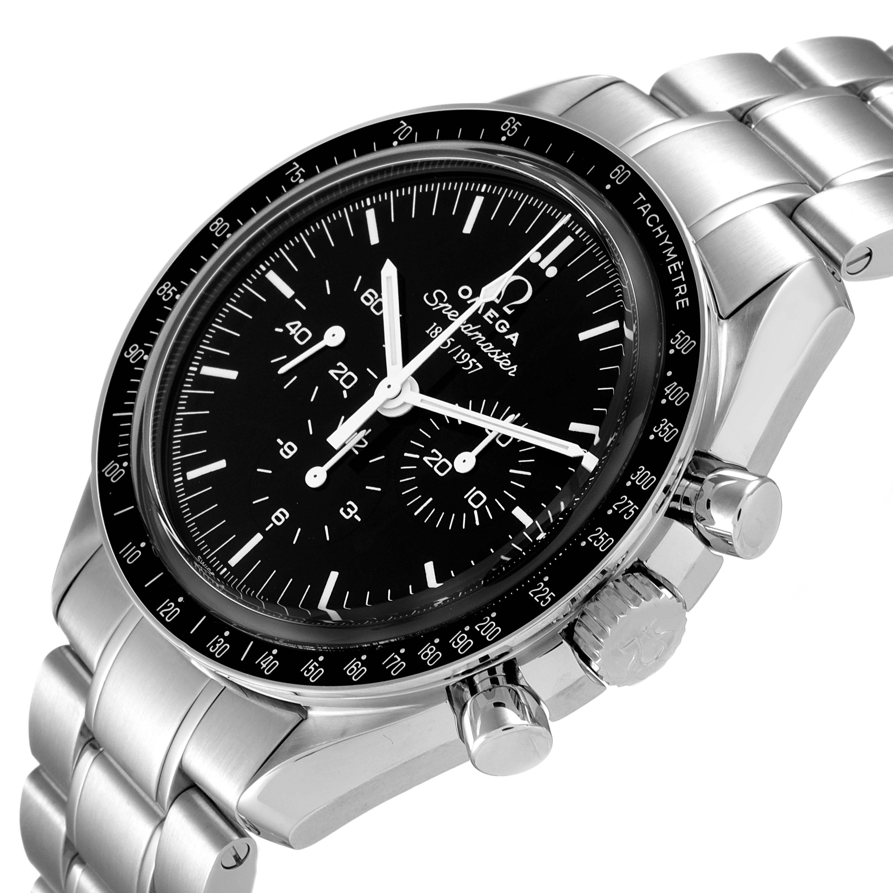 The Omega Speedmaster 311.33.42.50.01.001 Men's Stainless Steel Black Dial 311.33.42.50.01.001 Men's Stainless Steel Black Dial watch is shown at an angled close-up, displaying its black dial, tachymeter bezel, pushers, and metal bracelet.