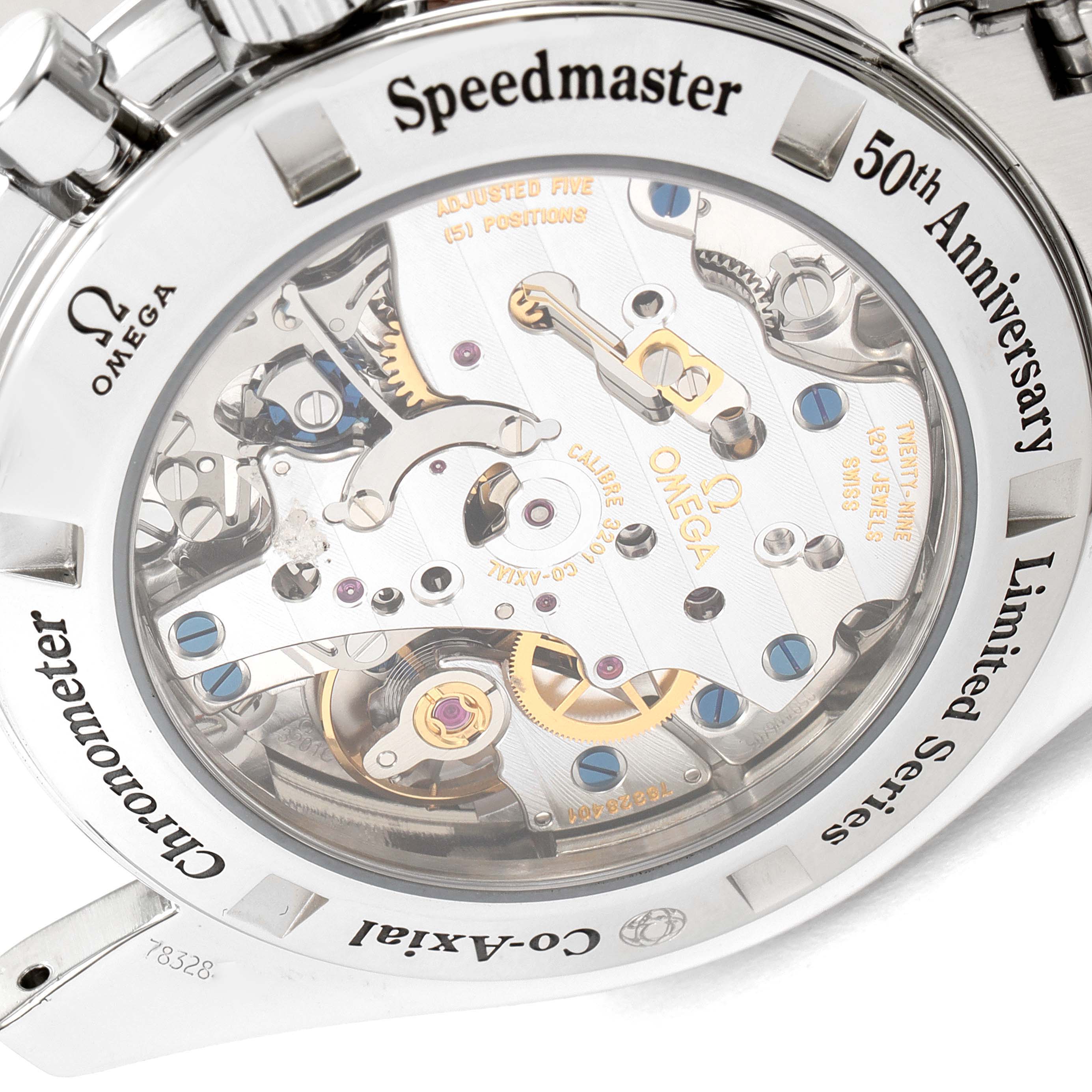 This image shows the back view of an Omega Speedmaster 311.33.42.50.01.001 Men's Stainless Steel Black Dial 311.33.42.50.01.001 Men's Stainless Steel Black Dial, revealing its intricate internal mechanical parts and the engraved details.