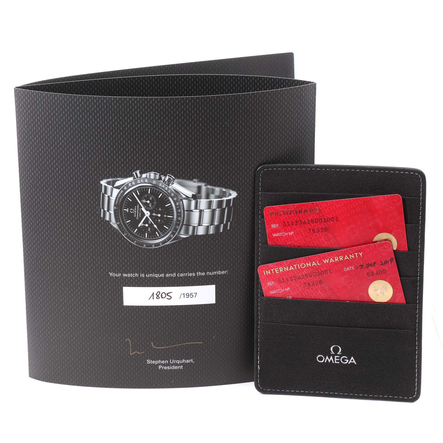 The image shows the Omega Speedmaster 311.33.42.50.01.001 Men's Stainless Steel Black Dial 311.33.42.50.01.001 Men's Stainless Steel Black Dial booklet and Omega cardholder with two red cards, including an international warranty.
