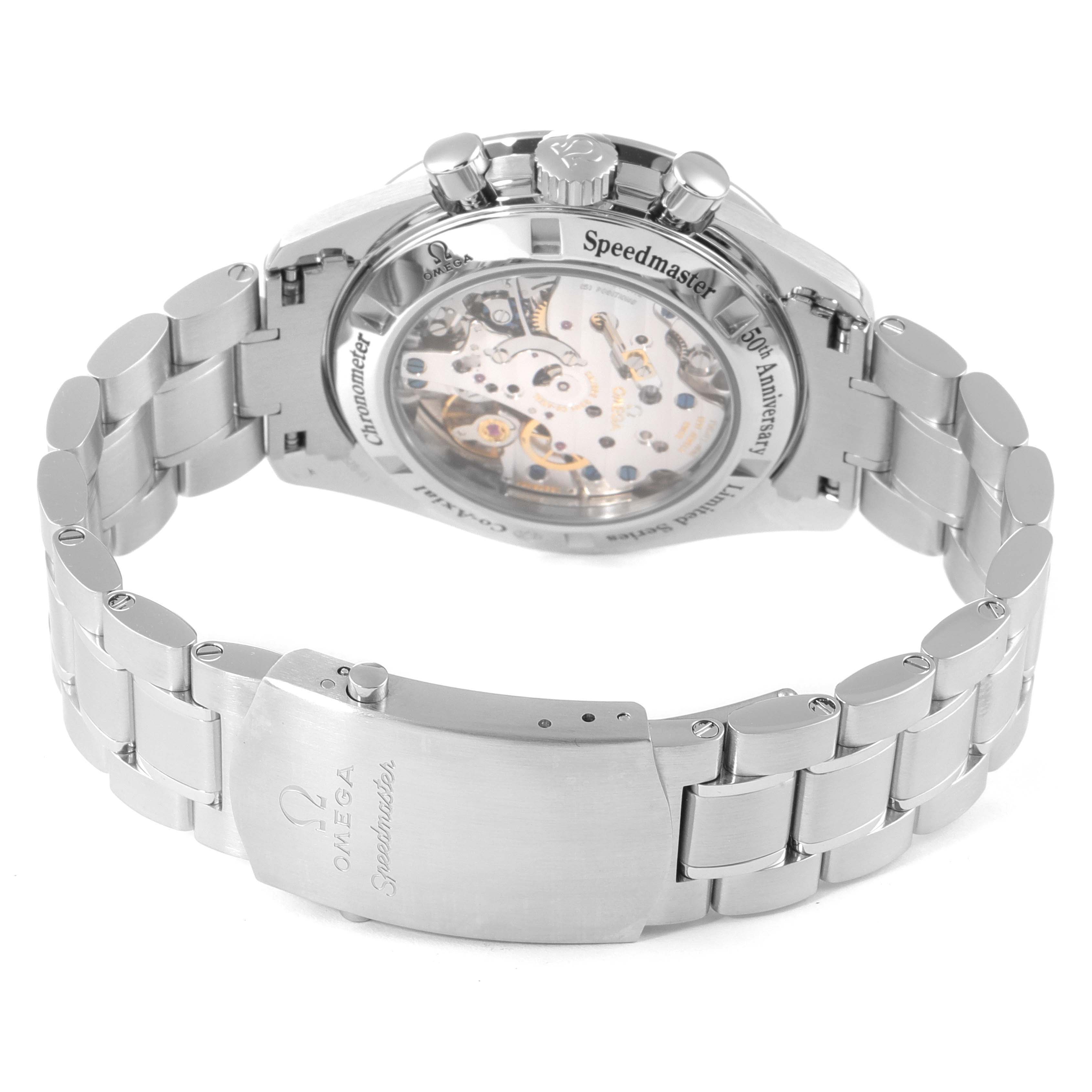 The image shows the back view of the Omega Speedmaster 311.33.42.50.01.001 Men's Stainless Steel Black Dial 311.33.42.50.01.001 Men's Stainless Steel Black Dial watch, highlighting the transparent case back and metal strap.