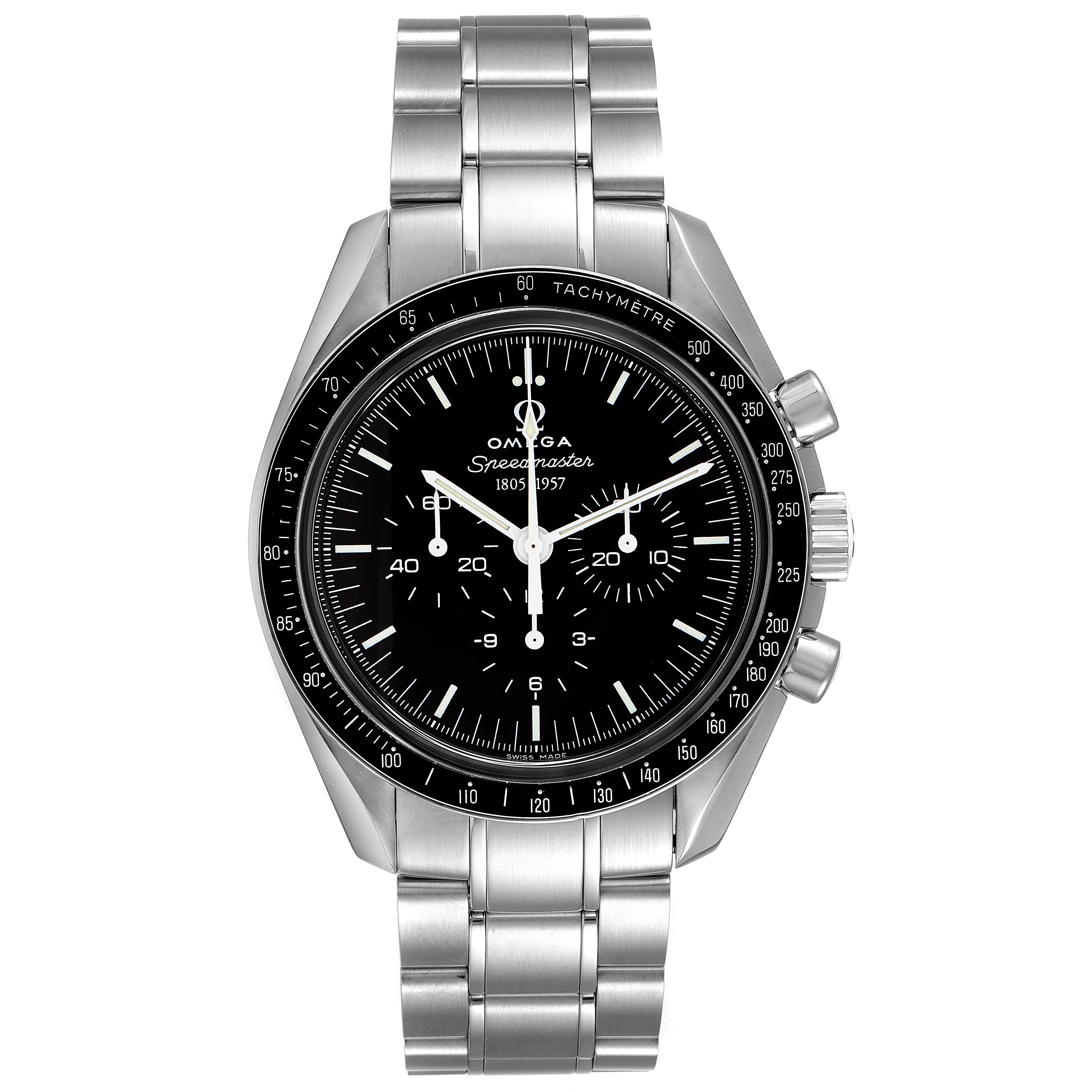 The image shows a front view of the Omega Speedmaster 311.33.42.50.01.001 Men's Stainless Steel Black Dial 311.33.42.50.01.001 Men's Stainless Steel Black Dial watch, displaying its dial, bezel, and bracelet.