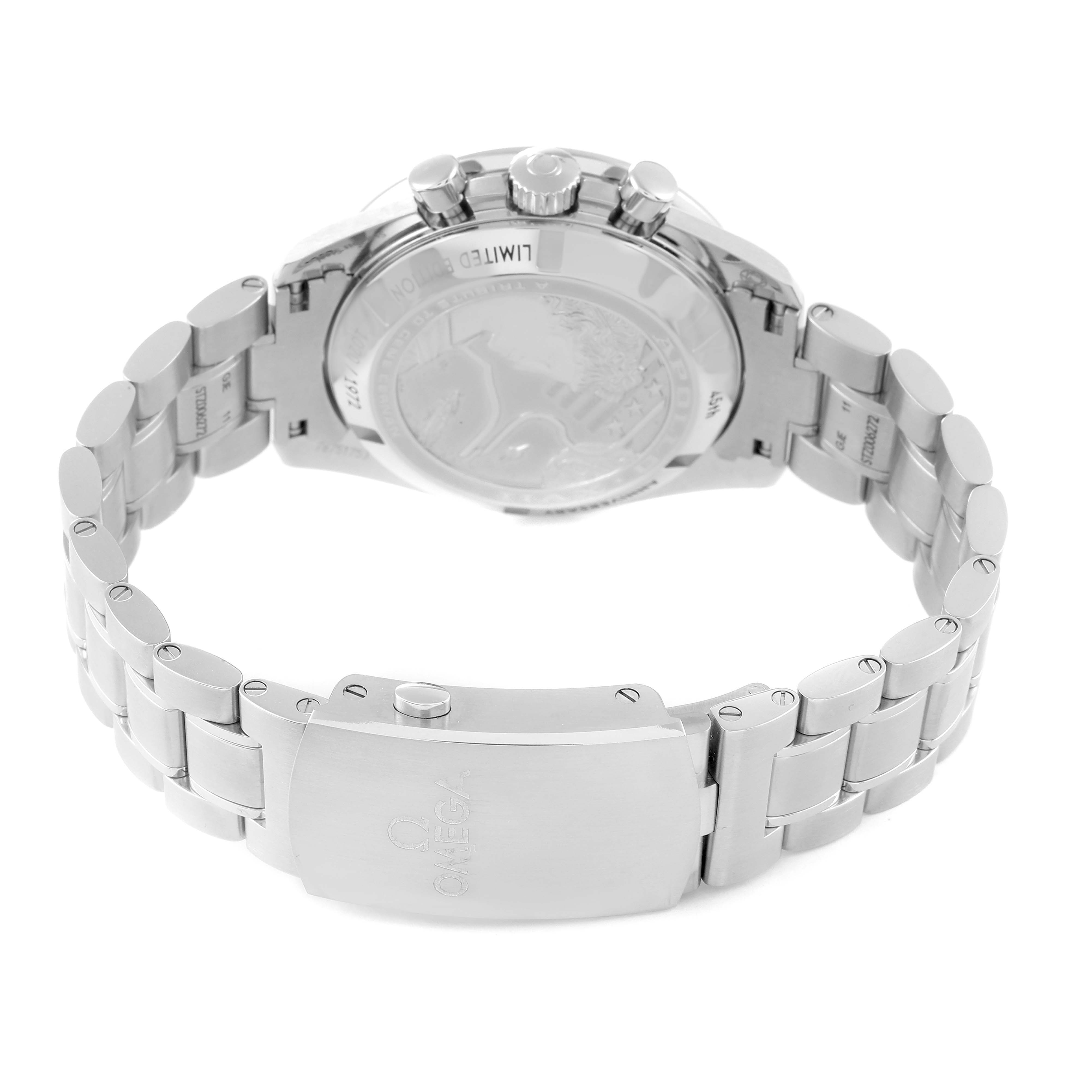 The image shows the back view of an Omega Speedmaster 311.30.42.30.03.001 Men's Stainless Steel Blue Dial 311.30.42.30.03.001 Men's Stainless Steel Blue Dial watch, featuring its bracelet and clasp.