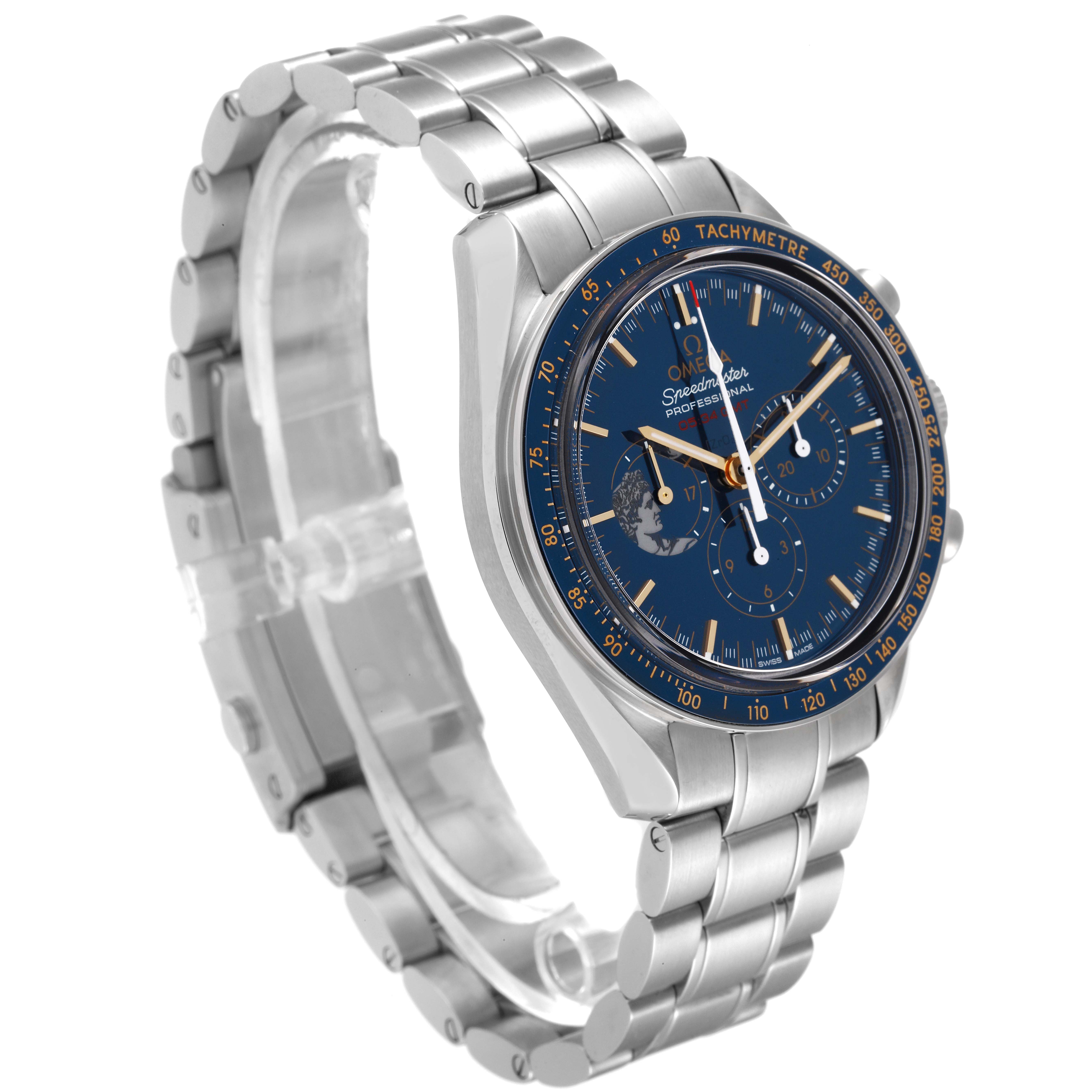 The Omega Speedmaster 311.30.42.30.03.001 Men's Stainless Steel Blue Dial 311.30.42.30.03.001 Men's Stainless Steel Blue Dial watch is shown at a three-quarter angle, highlighting its bracelet, tachymeter bezel, and chronograph dials.