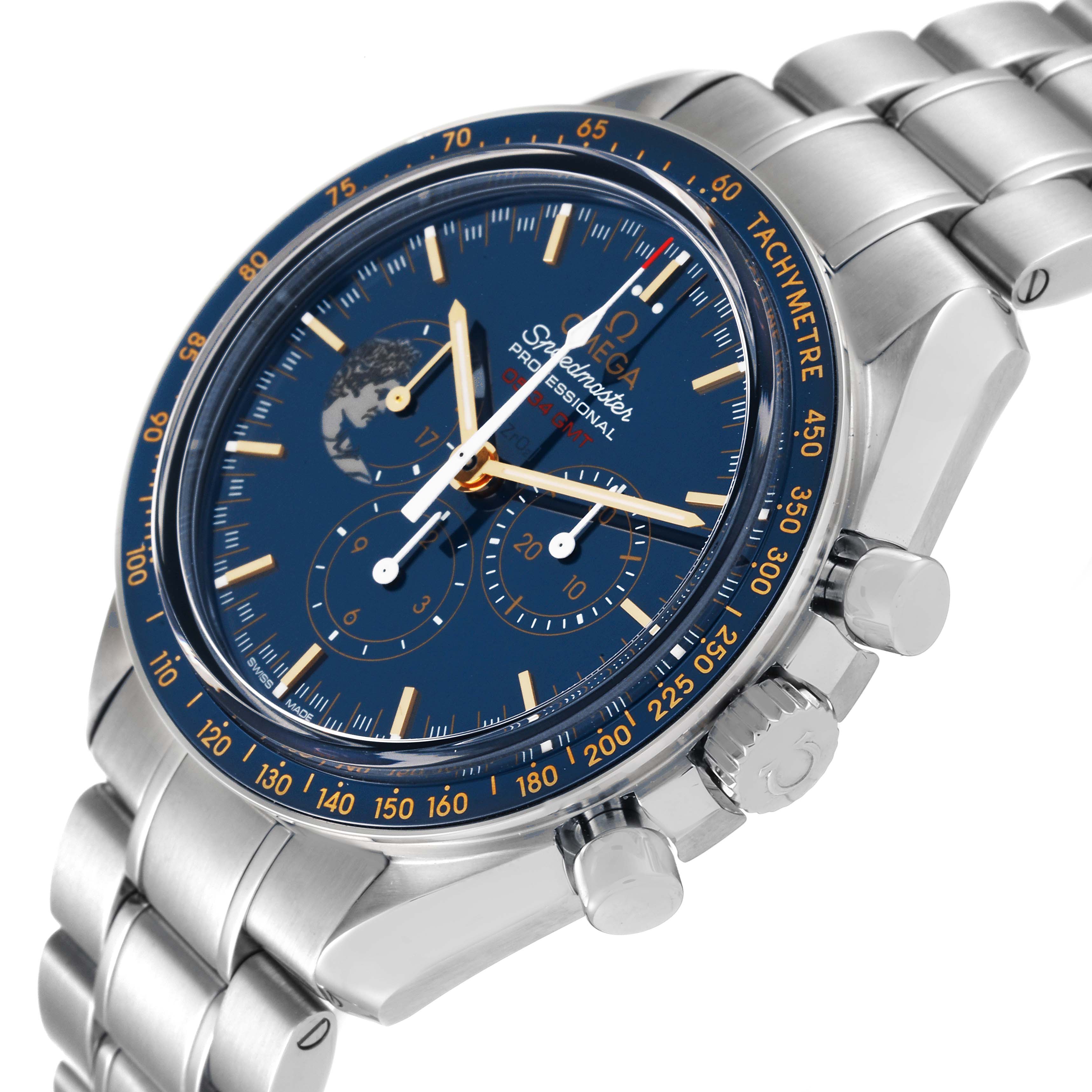 The Omega Speedmaster 311.30.42.30.03.001 Men's Stainless Steel Blue Dial 311.30.42.30.03.001 Men's Stainless Steel Blue Dial watch is shown at an angle revealing the face, tachymeter bezel, pushers, and stainless steel bracelet.