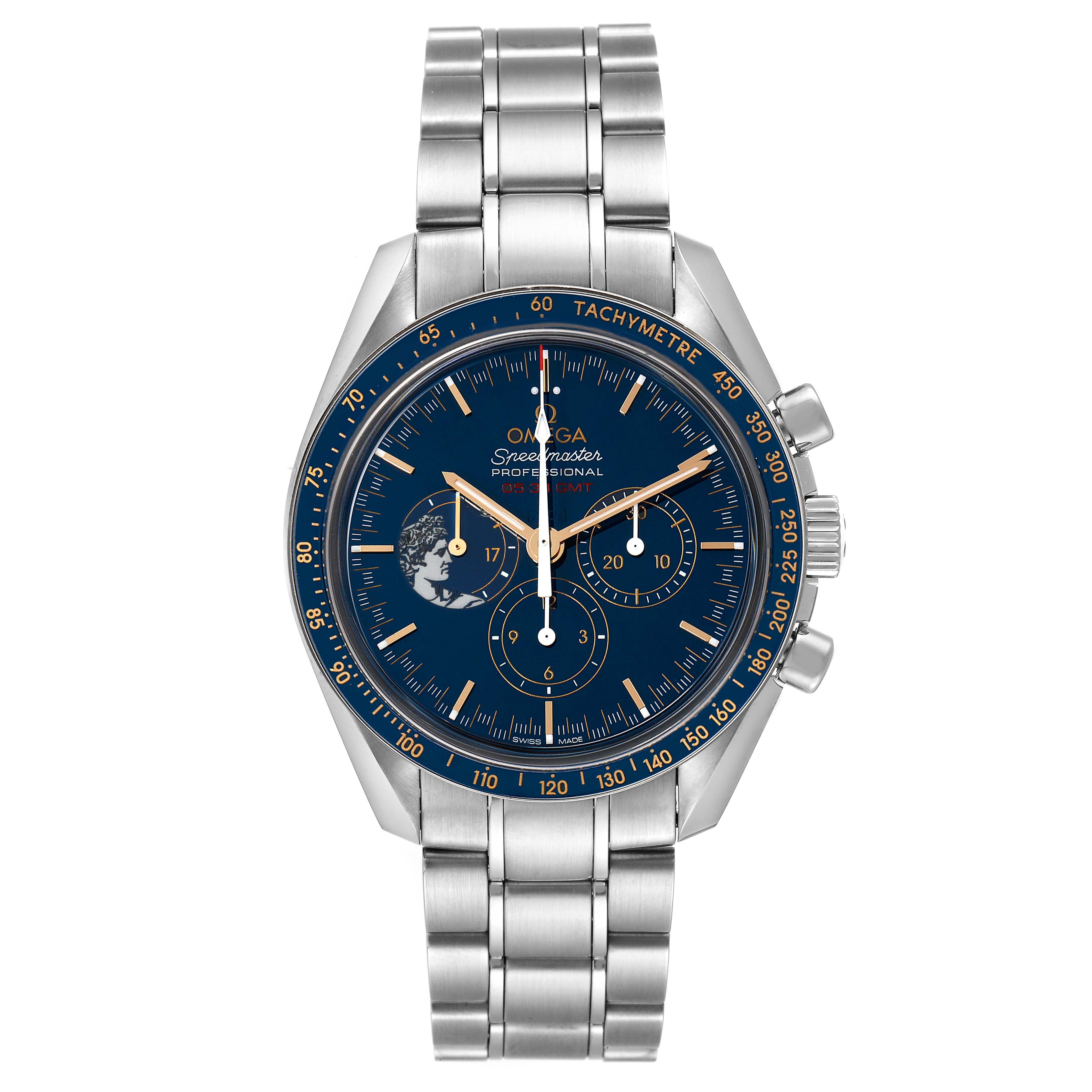The image shows a front view of an Omega Speedmaster 311.30.42.30.03.001 Men's Stainless Steel Blue Dial 311.30.42.30.03.001 Men's Stainless Steel Blue Dial watch, highlighting its face, bezel, and metal bracelet.