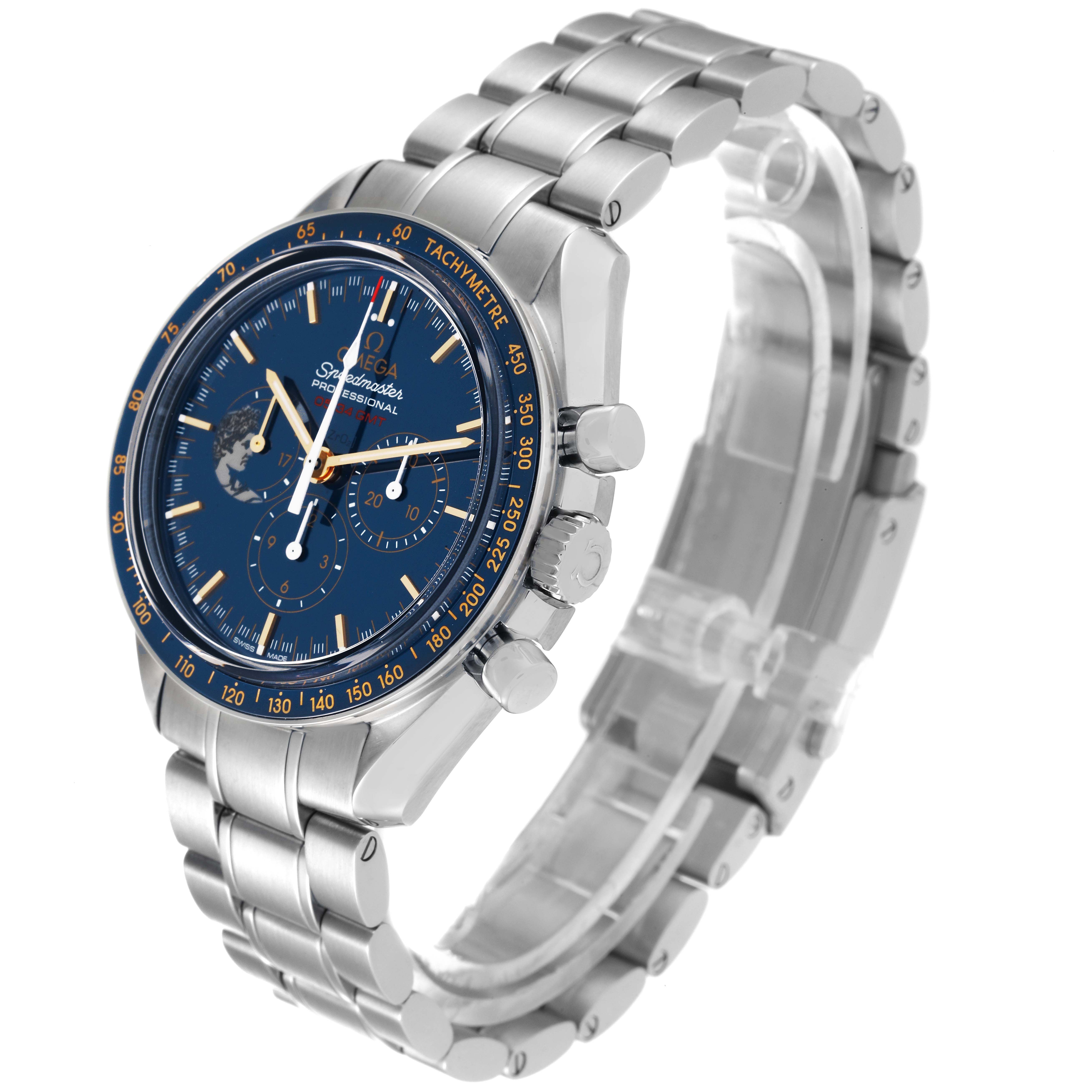 The image shows an Omega Speedmaster 311.30.42.30.03.001 Men's Stainless Steel Blue Dial 311.30.42.30.03.001 Men's Stainless Steel Blue Dial watch from an angled side view, highlighting the dial, bezel, and bracelet.