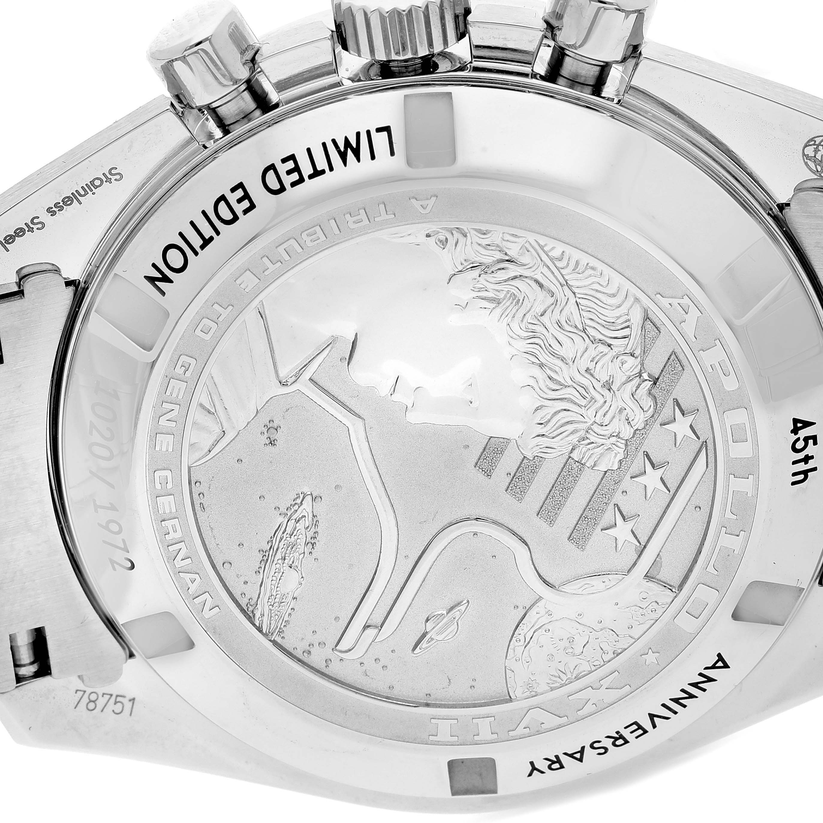 This image shows the case back of the Omega Speedmaster 311.30.42.30.03.001 Men's Stainless Steel Blue Dial 311.30.42.30.03.001 Men's Stainless Steel Blue Dial, featuring an engraving commemorating the Apollo XVII mission.