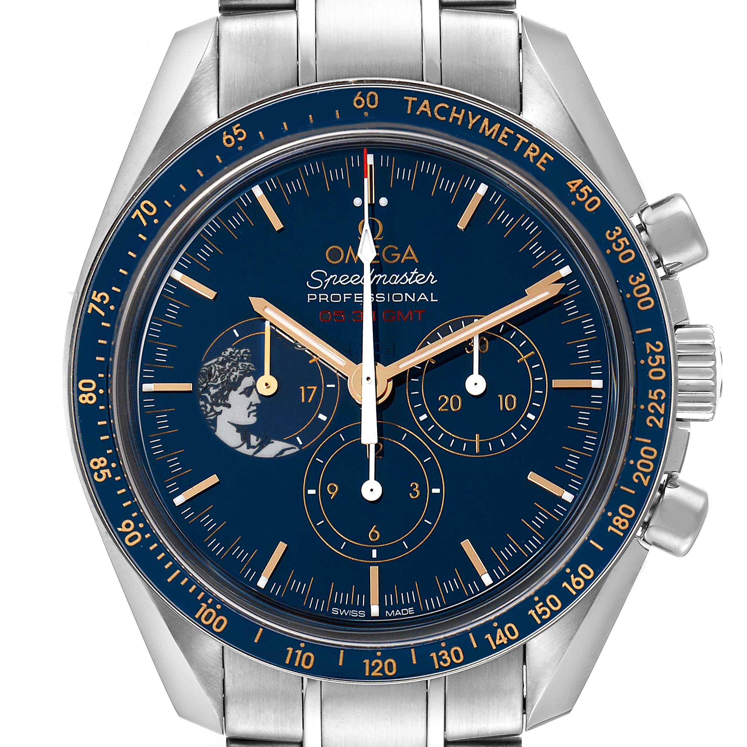 The image shows a close-up, front-facing view of the dial and bezel of an Omega Speedmaster 311.30.42.30.03.001 Men's Stainless Steel Blue Dial 311.30.42.30.03.001 Men's Stainless Steel Blue Dial watch.