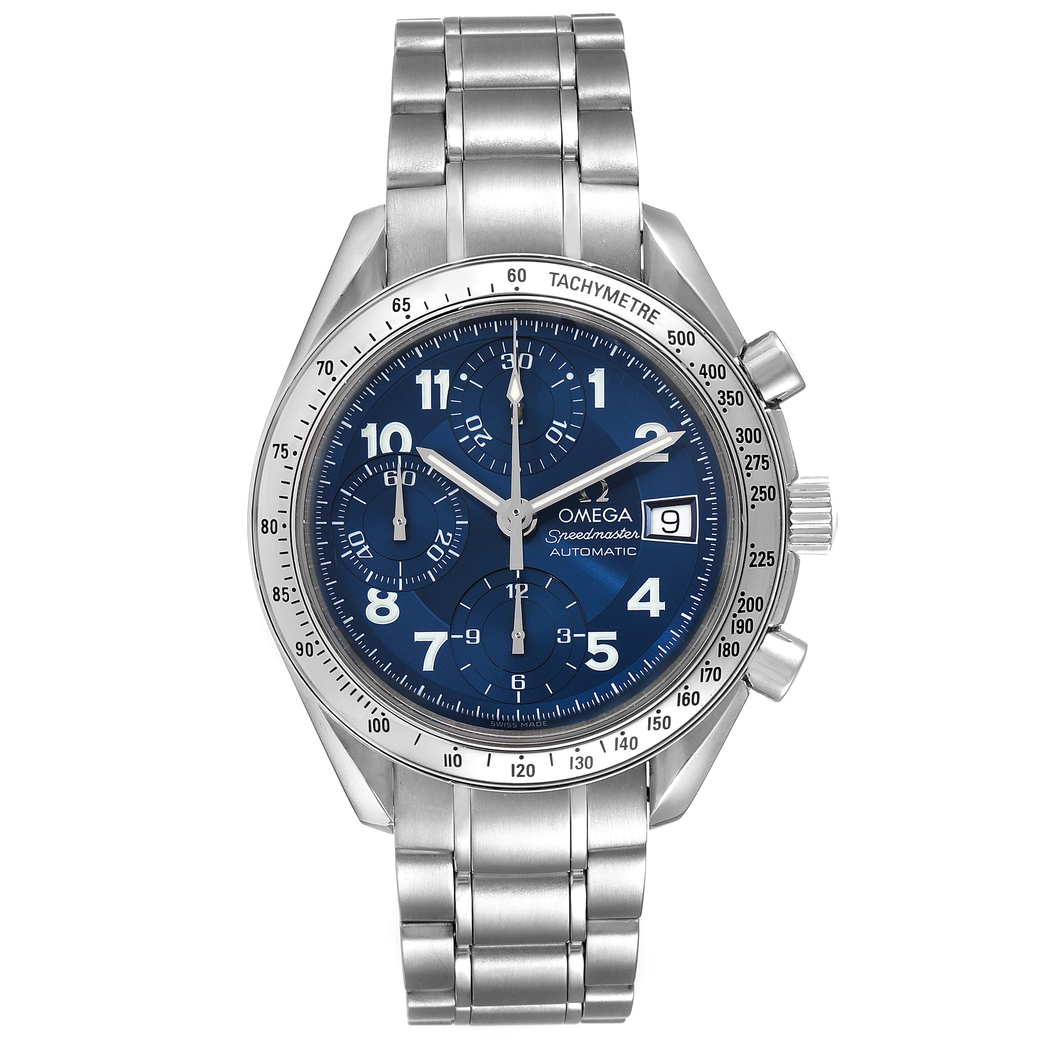 The image shows a front view of an Omega Speedmaster 3513.82.00 Men's Stainless Steel Blue Dial 3513.82.00 Men's Stainless Steel Blue Dial watch, featuring a blue dial, stainless steel bracelet, and chronograph sub-dials.