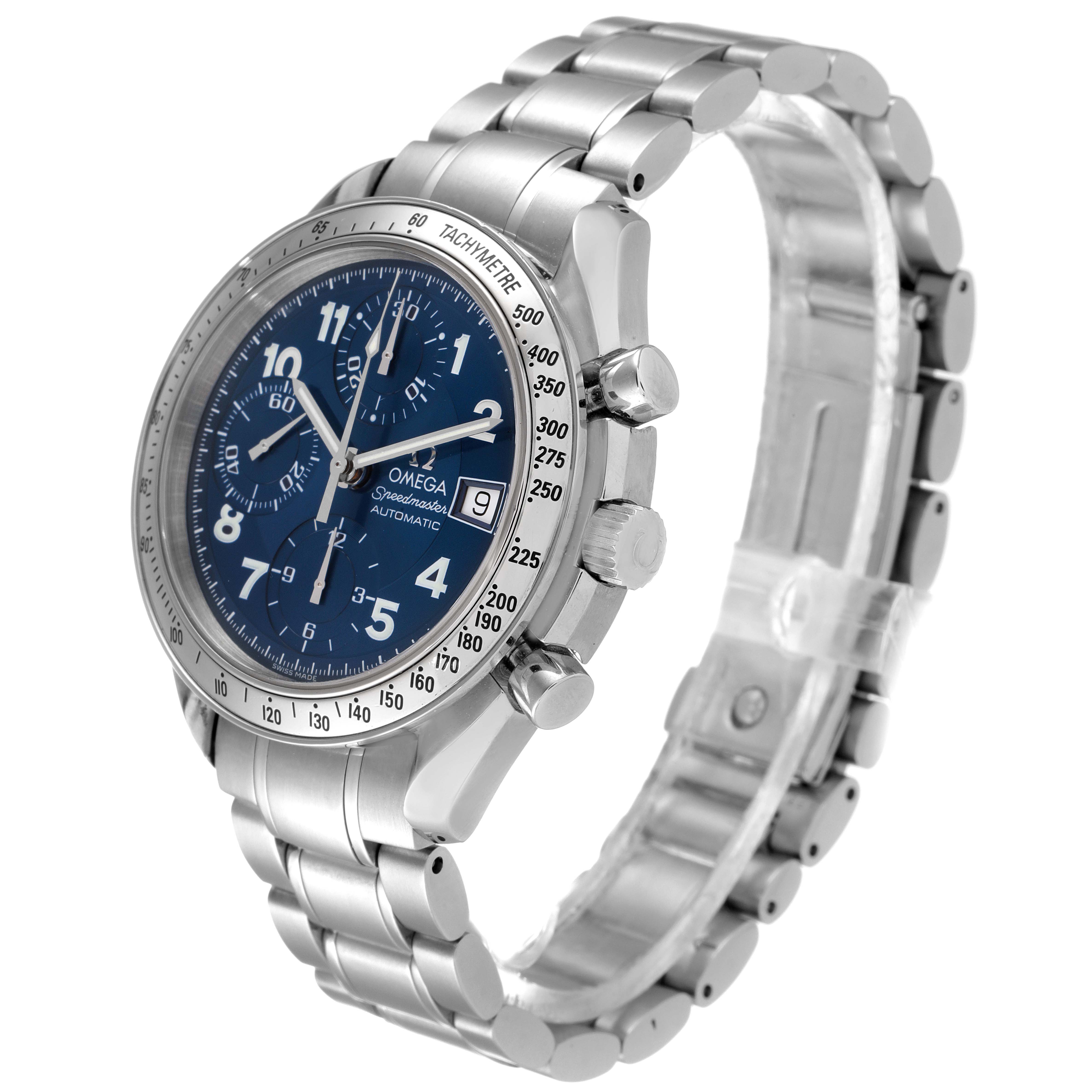The Omega Speedmaster 3513.82.00 Men's Stainless Steel Blue Dial 3513.82.00 Men's Stainless Steel Blue Dial watch is shown at a three-quarter angle, displaying the face, bezel, crown, pushers, and stainless steel bracelet.
