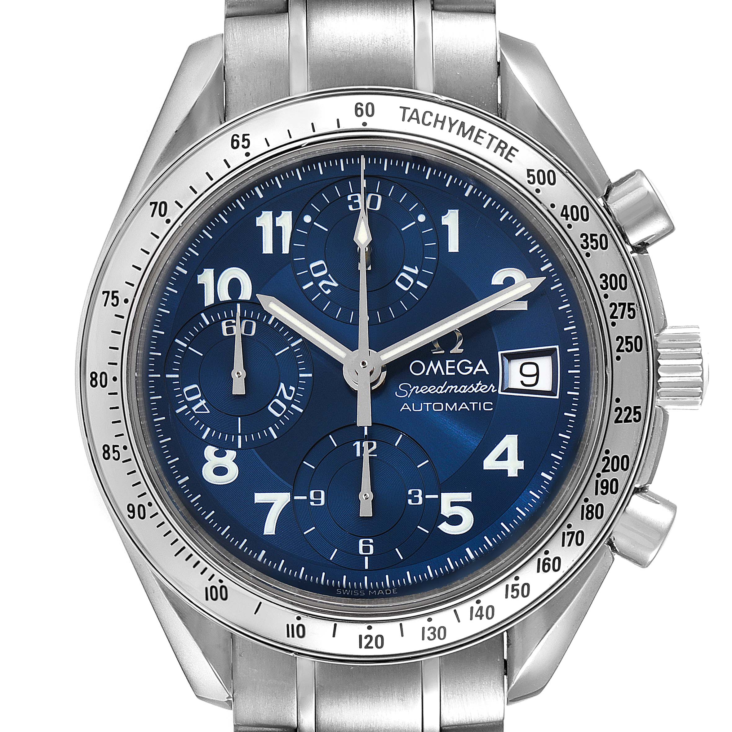 The Omega Speedmaster 3513.82.00 Men's Stainless Steel Blue Dial 3513.82.00 Men's Stainless Steel Blue Dial watch is shown from the front, highlighting its blue dial, chronograph subdials, and stainless steel bracelet.