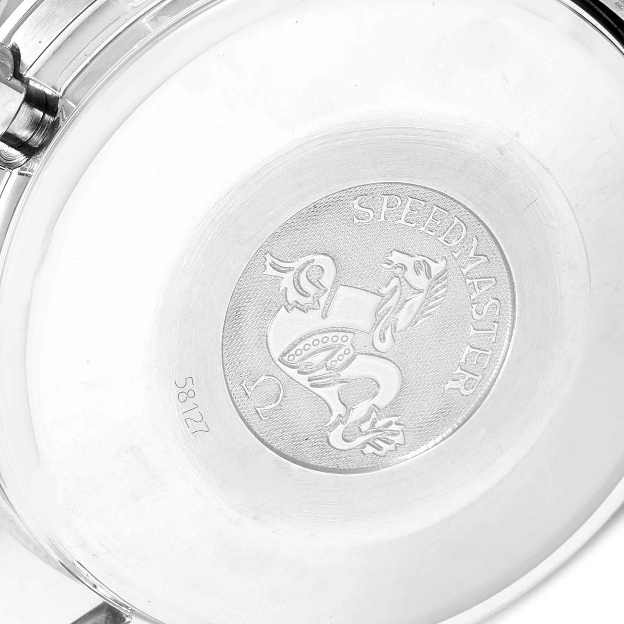 This image shows the caseback of the Omega Speedmaster 3513.82.00 Men's Stainless Steel Blue Dial 3513.82.00 Men's Stainless Steel Blue Dial watch, featuring its emblem and model inscription.