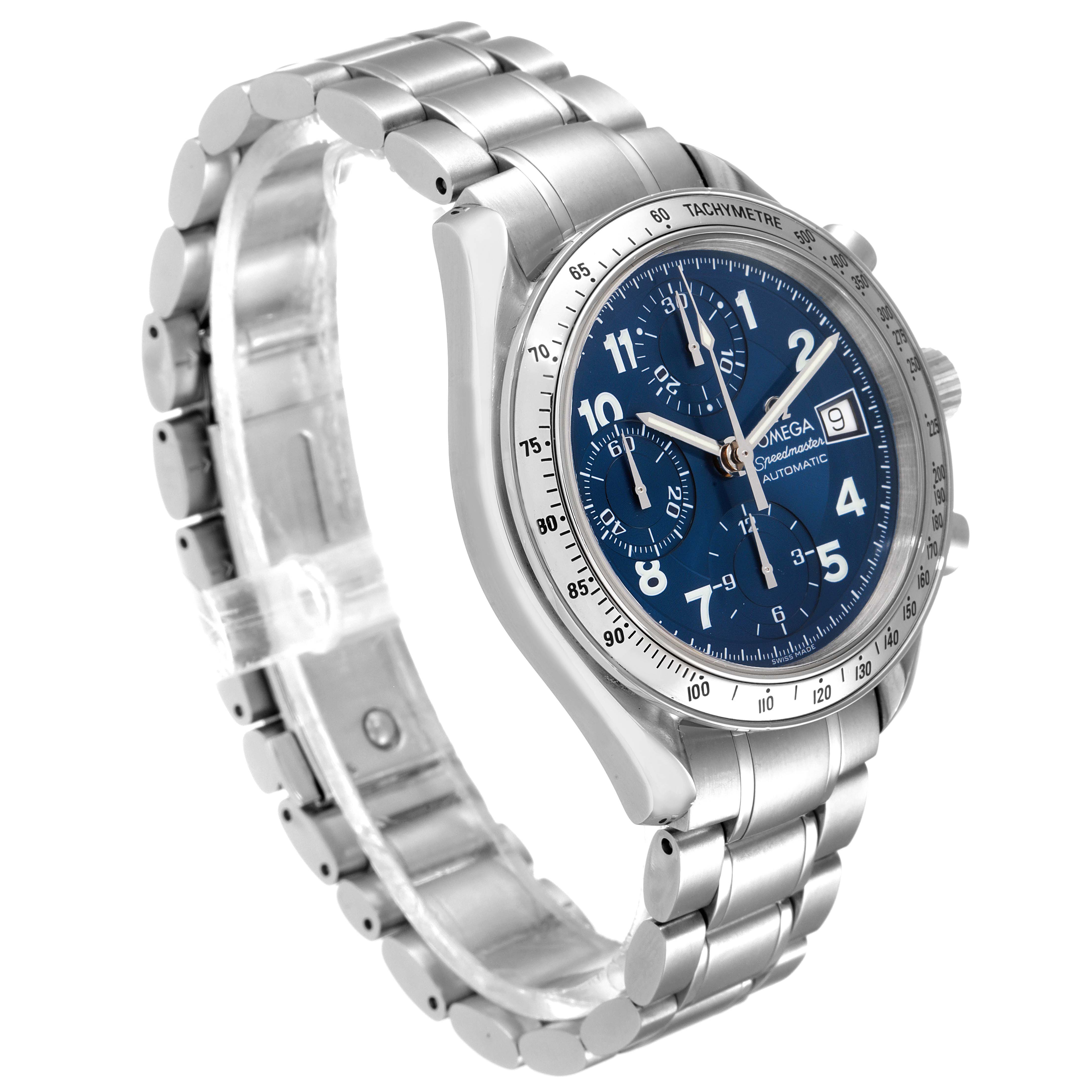 The Omega Speedmaster 3513.82.00 Men's Stainless Steel Blue Dial 3513.82.00 Men's Stainless Steel Blue Dial watch is shown at a slight angle, highlighting its blue dial, chronograph subdials, and silver metal bracelet.