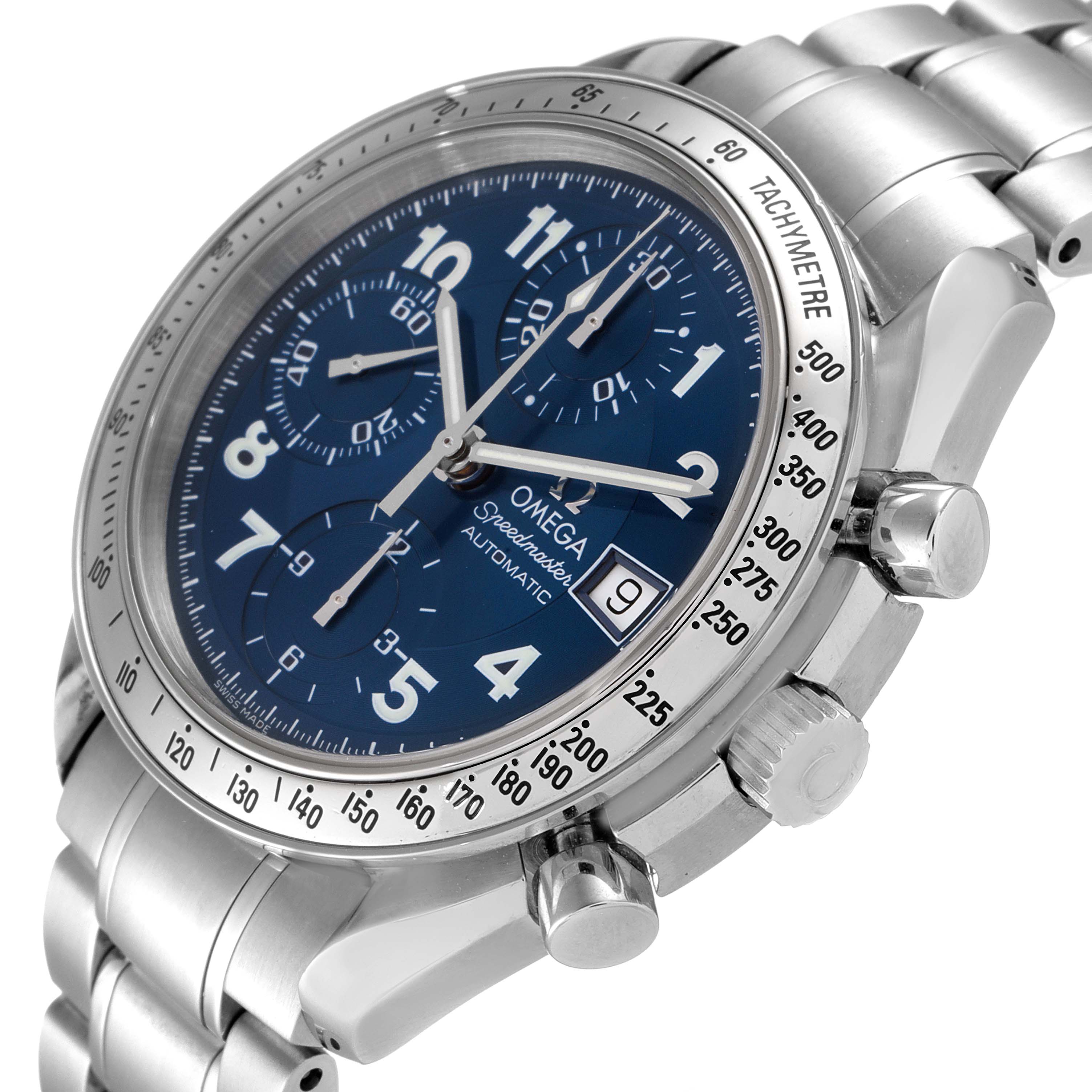This image shows a close-up angle of an Omega Speedmaster 3513.82.00 Men's Stainless Steel Blue Dial 3513.82.00 Men's Stainless Steel Blue Dial watch, focusing on its blue dial, chronograph subdials, and stainless steel bracelet.