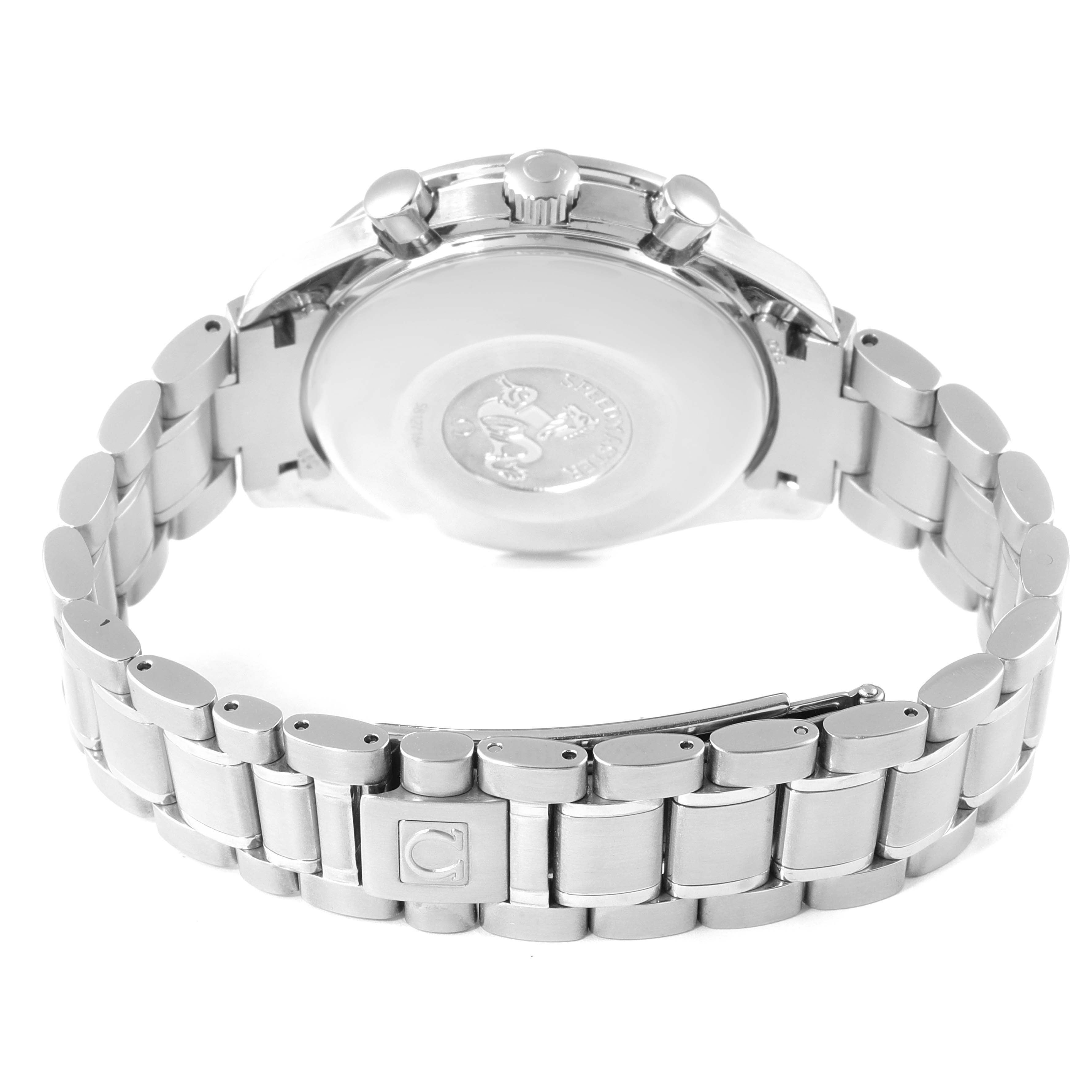 The image shows the case back, crown, pushers, and bracelet of the Omega Speedmaster 3513.82.00 Men's Stainless Steel Blue Dial 3513.82.00 Men's Stainless Steel Blue Dial watch from a rear angle.