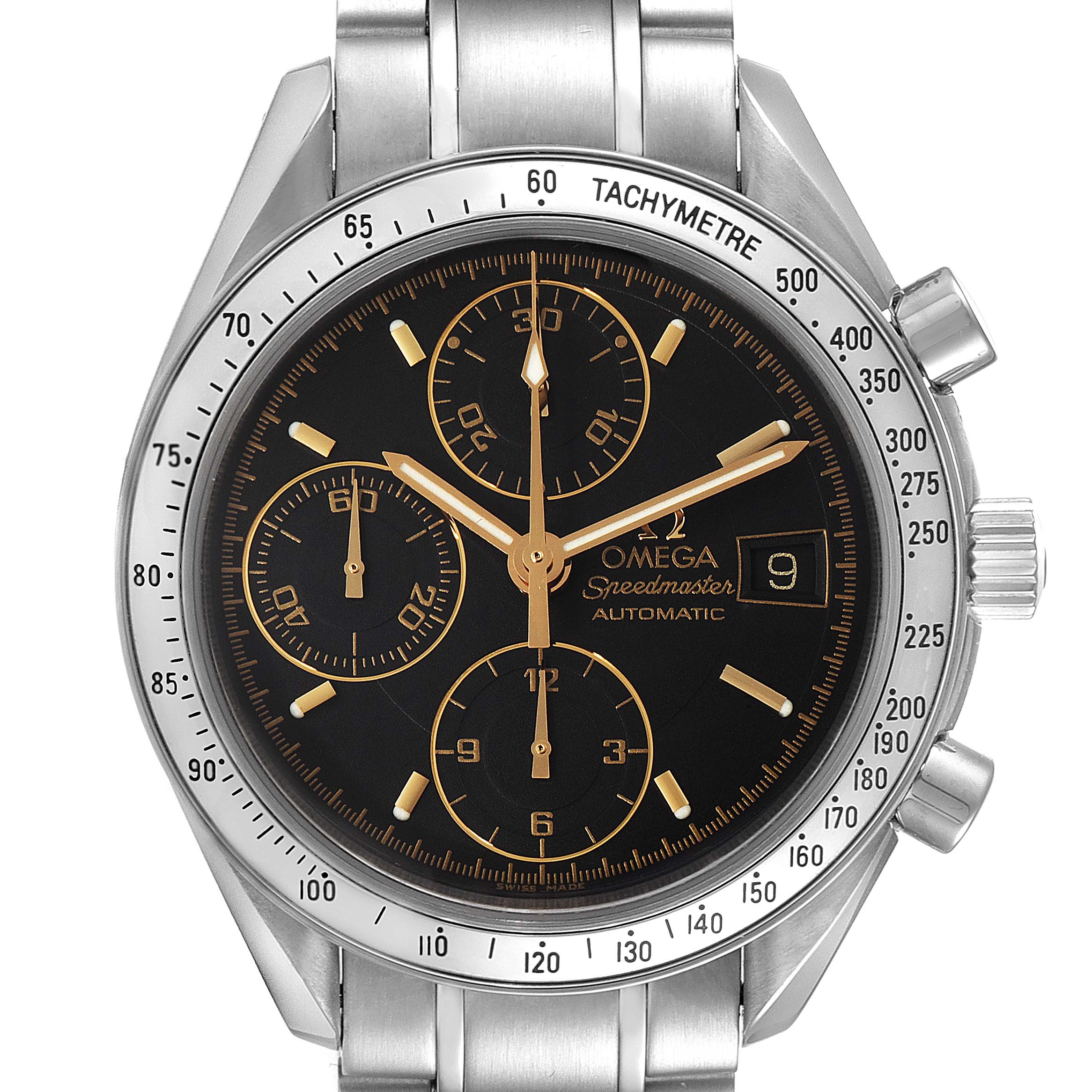 The image shows a frontal view of an Omega Speedmaster 3513.54.00 Men's Stainless Steel Black Dial 3513.54.00 Men's Stainless Steel Black Dial watch, highlighting its chronograph dials and tachymeter bezel.