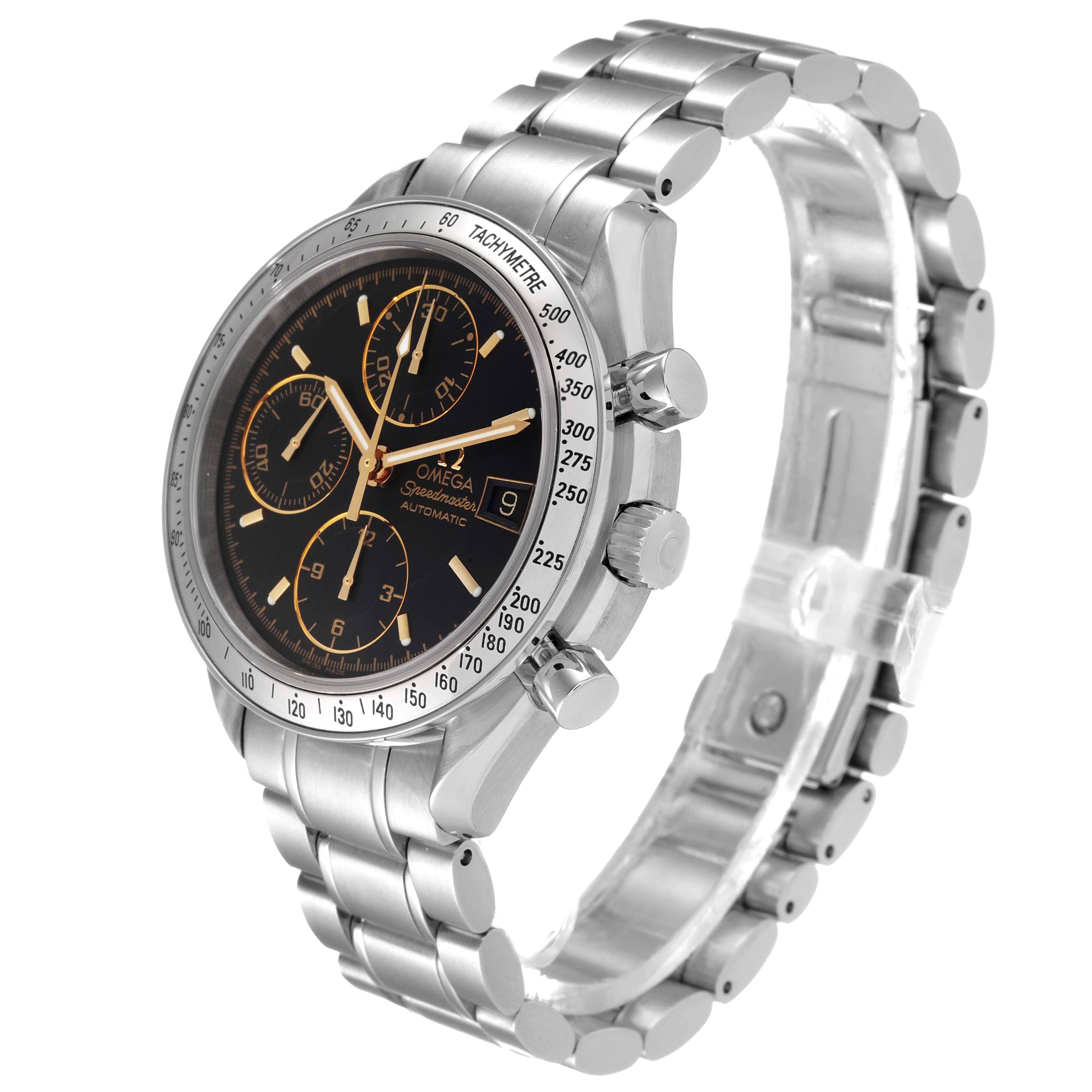 This Omega Speedmaster 3513.54.00 Men's Stainless Steel Black Dial 3513.54.00 Men's Stainless Steel Black Dial watch is shown at a three-quarter angle, highlighting the dial, bezel, pushers, and stainless steel bracelet.