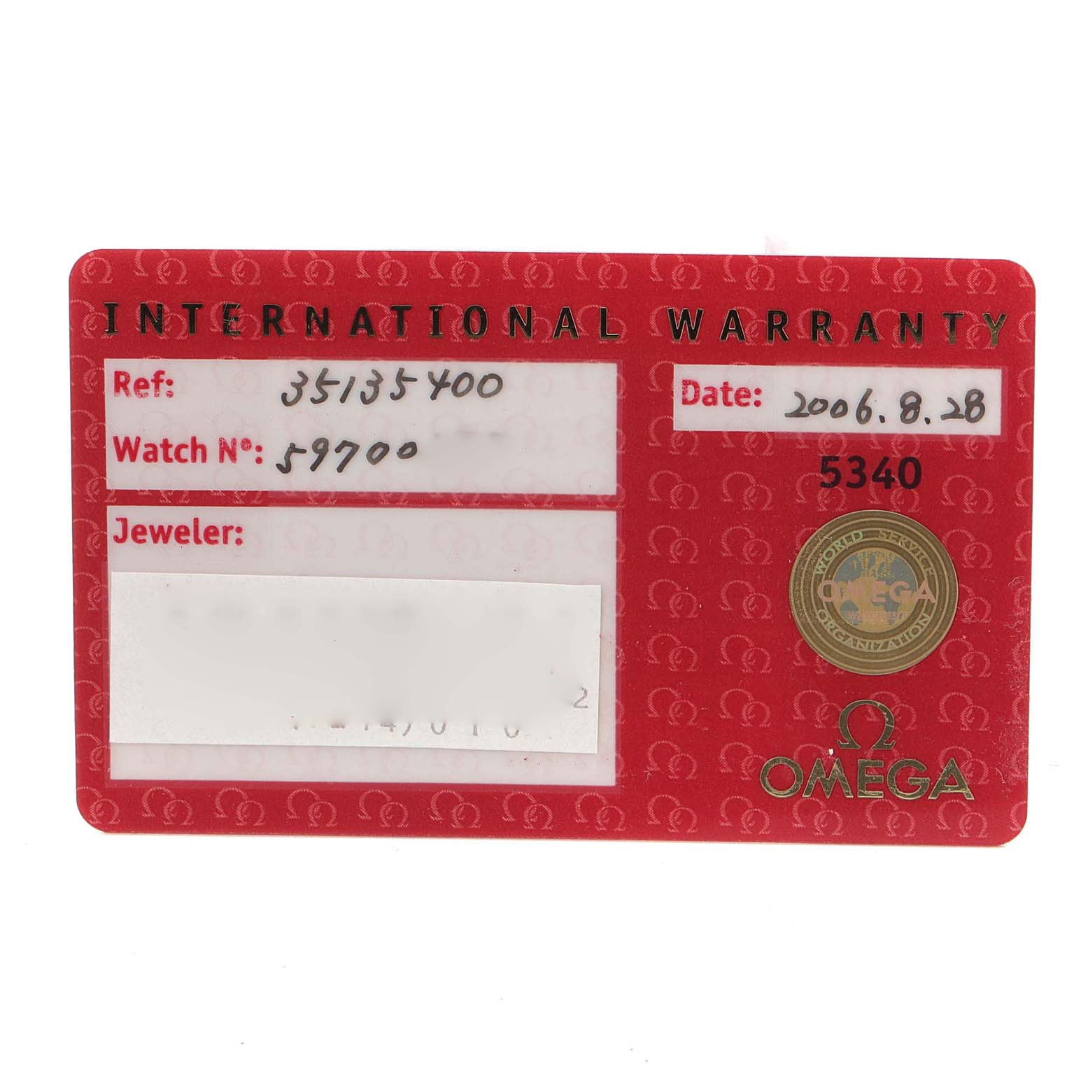 This image shows the warranty card for the Omega Speedmaster 3513.54.00 Men's Stainless Steel Black Dial 3513.54.00 Men's Stainless Steel Black Dial watch, displaying reference, watch number, and the issue date.