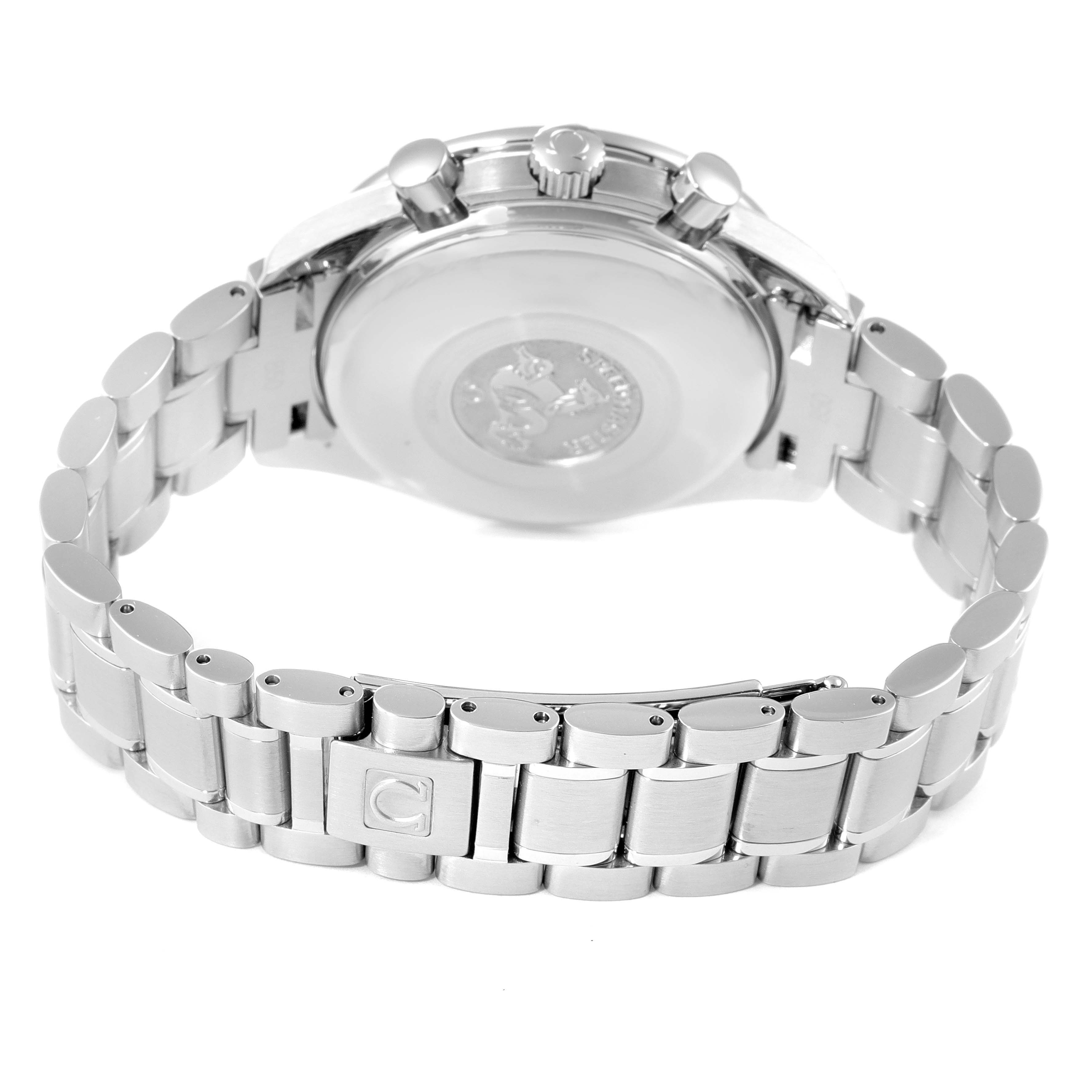 The image shows the back case and stainless steel bracelet of an Omega Speedmaster 3513.54.00 Men's Stainless Steel Black Dial 3513.54.00 Men's Stainless Steel Black Dial watch from a rear angle.