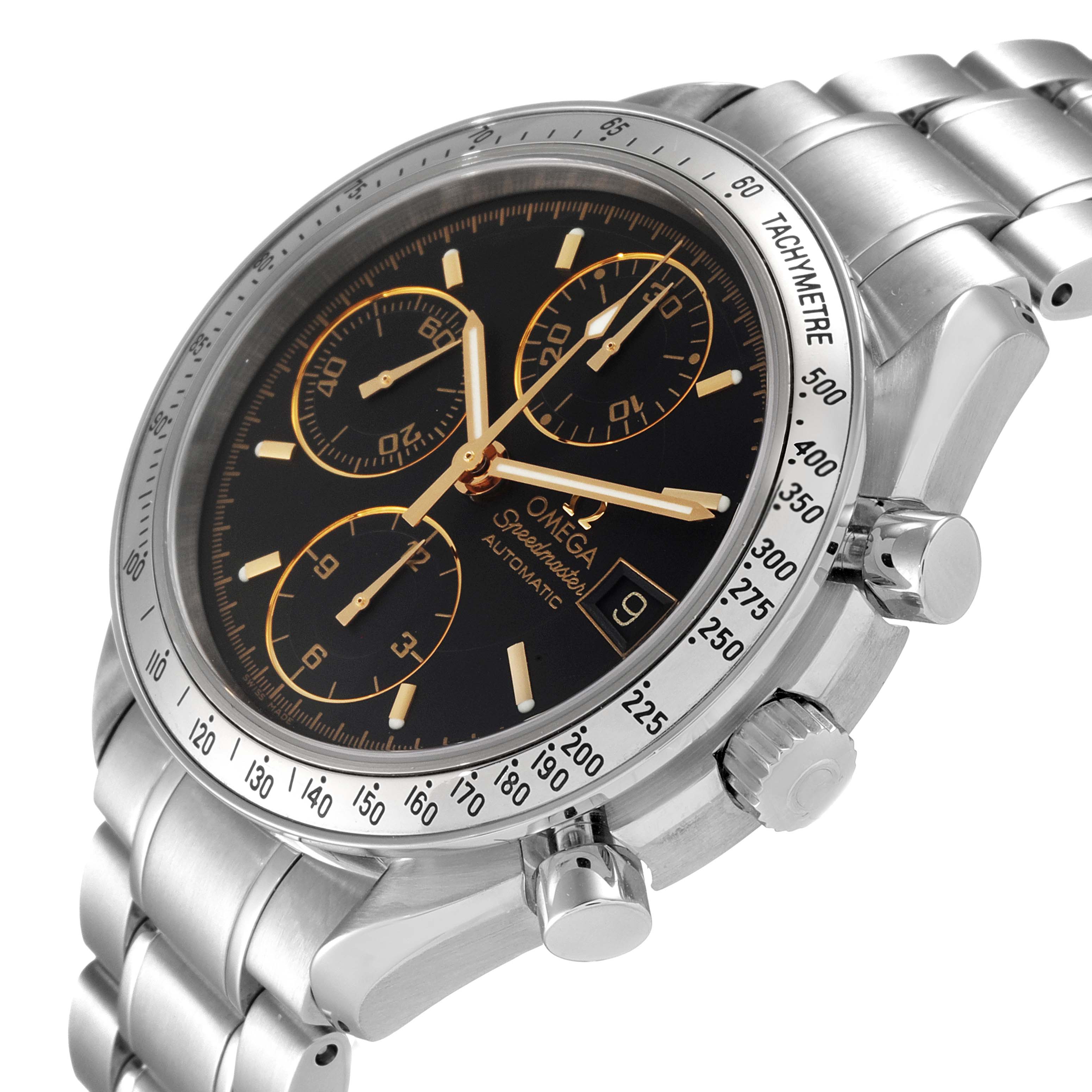The image shows an Omega Speedmaster 3513.54.00 Men's Stainless Steel Black Dial 3513.54.00 Men's Stainless Steel Black Dial watch at an angle highlighting the face, bezel, chronograph buttons, crown, and part of the bracelet.