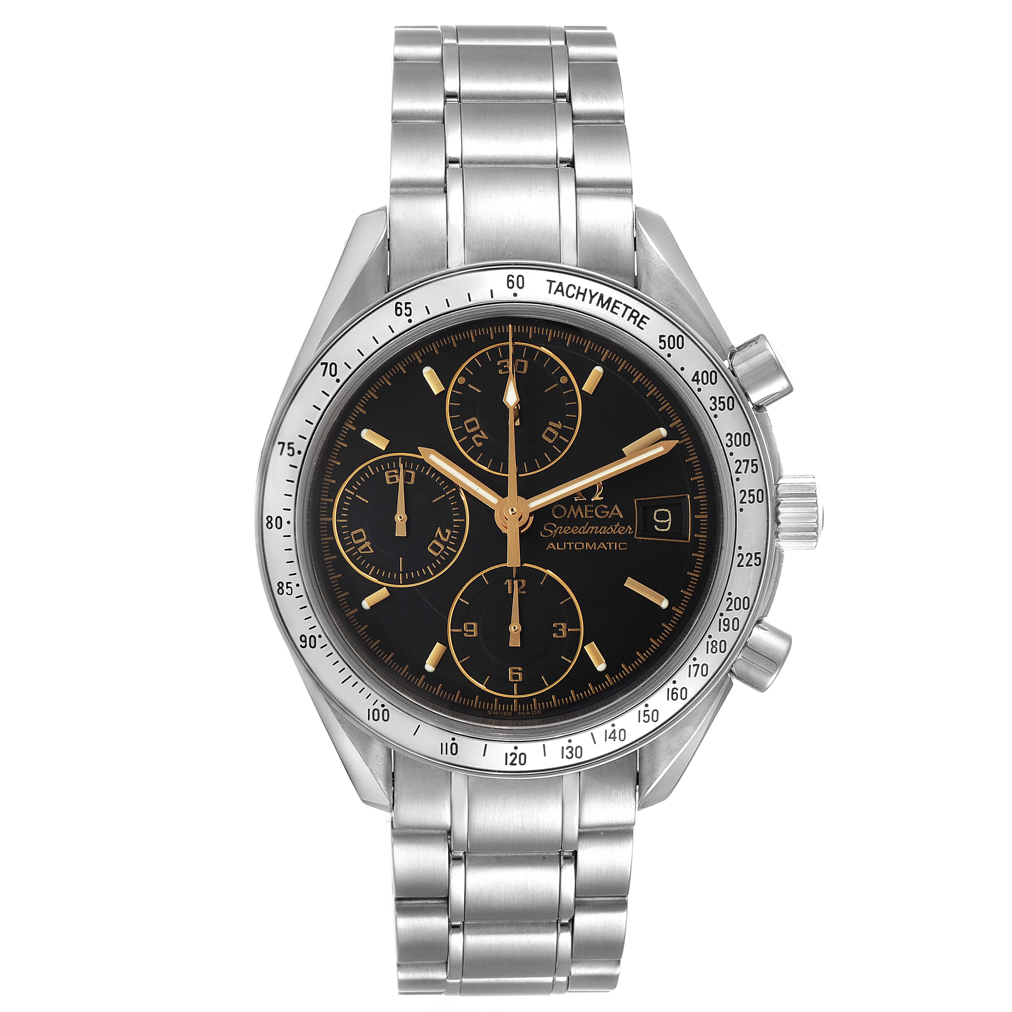 The image shows a frontal view of an Omega Speedmaster 3513.54.00 Men's Stainless Steel Black Dial 3513.54.00 Men's Stainless Steel Black Dial watch, highlighting its dial, chronographs, and metallic bracelet.