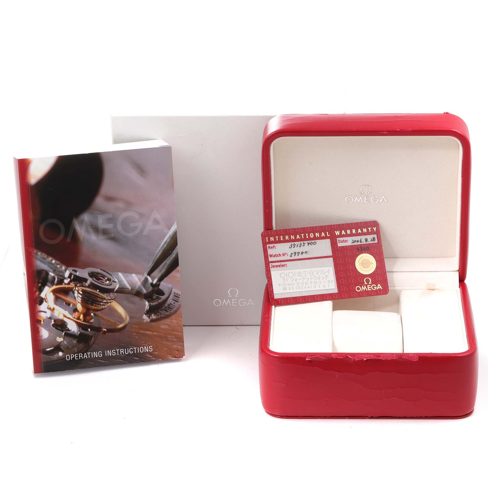 The image shows an Omega Speedmaster 3513.54.00 Men's Stainless Steel Black Dial 3513.54.00 Men's Stainless Steel Black Dial watch's operating instructions, warranty card, and red watch case.