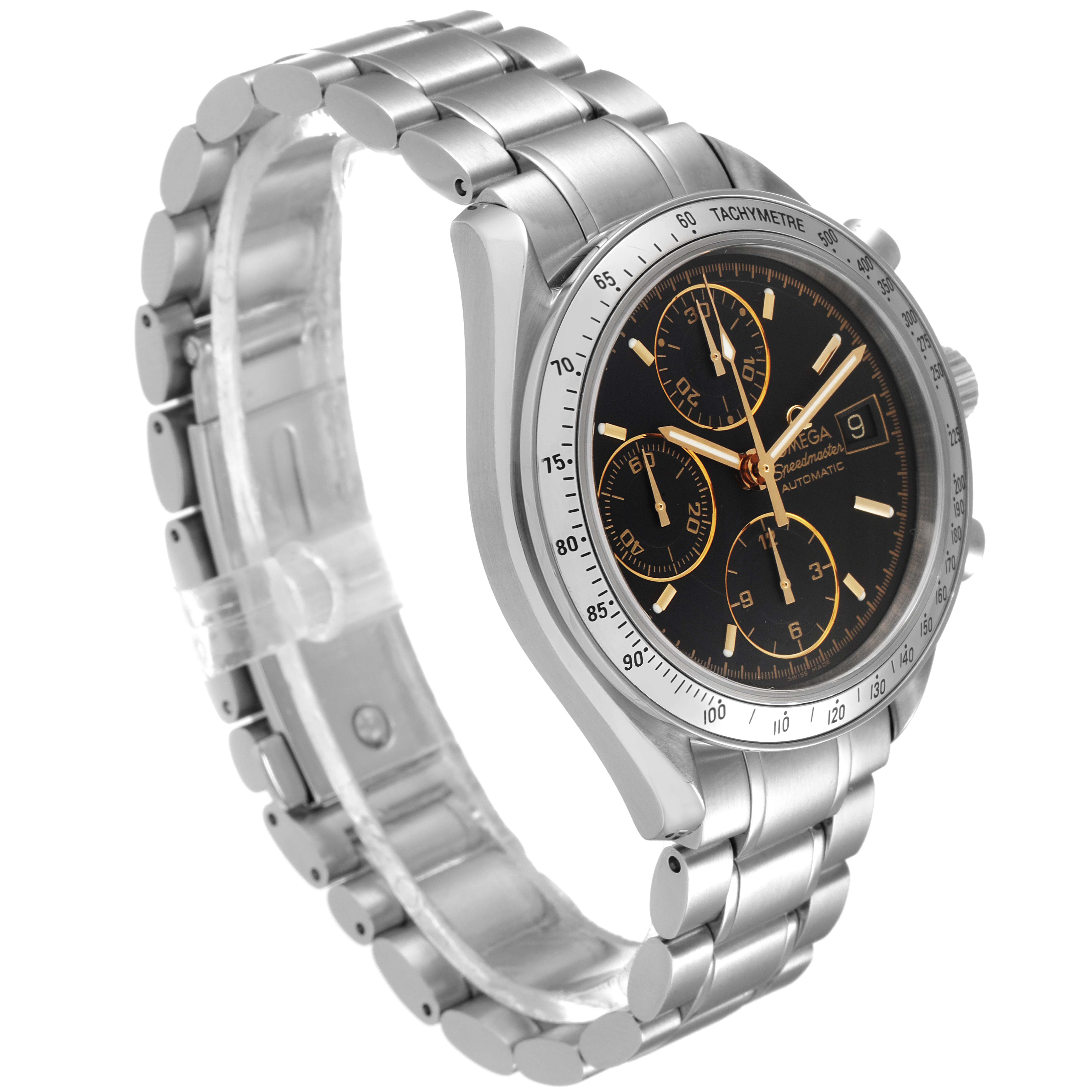 The Omega Speedmaster 3513.54.00 Men's Stainless Steel Black Dial 3513.54.00 Men's Stainless Steel Black Dial watch is shown at a 45-degree angle, displaying the dial, sub-dials, tachymeter bezel, and metal bracelet.