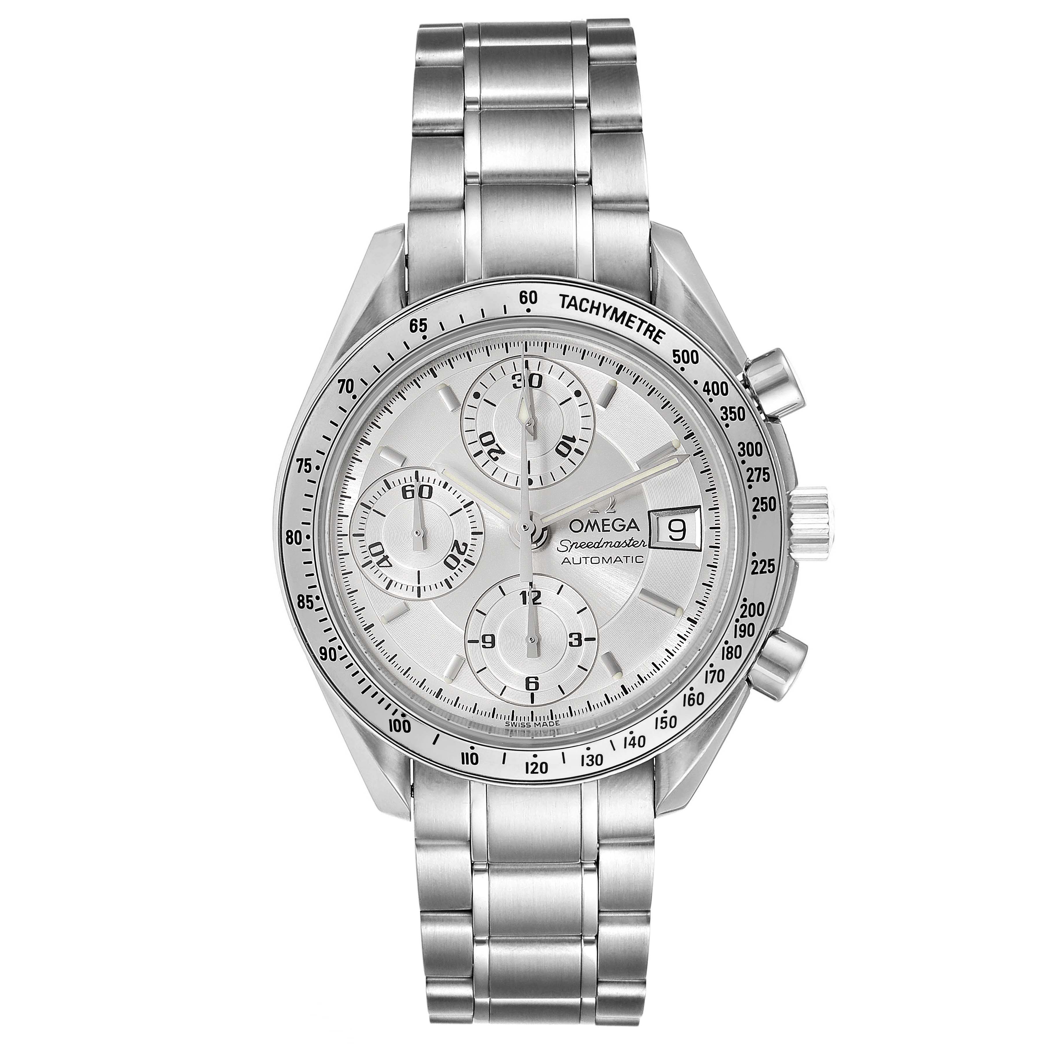 The Omega Speedmaster 3513.30.00 Men
s Stainless Steel Silver Dial 3513.30.00 Men
s Stainless Steel Silver Dial watch is shown from the front, displaying its face, chronograph subdials, tachymeter bezel, and metal bracelet.