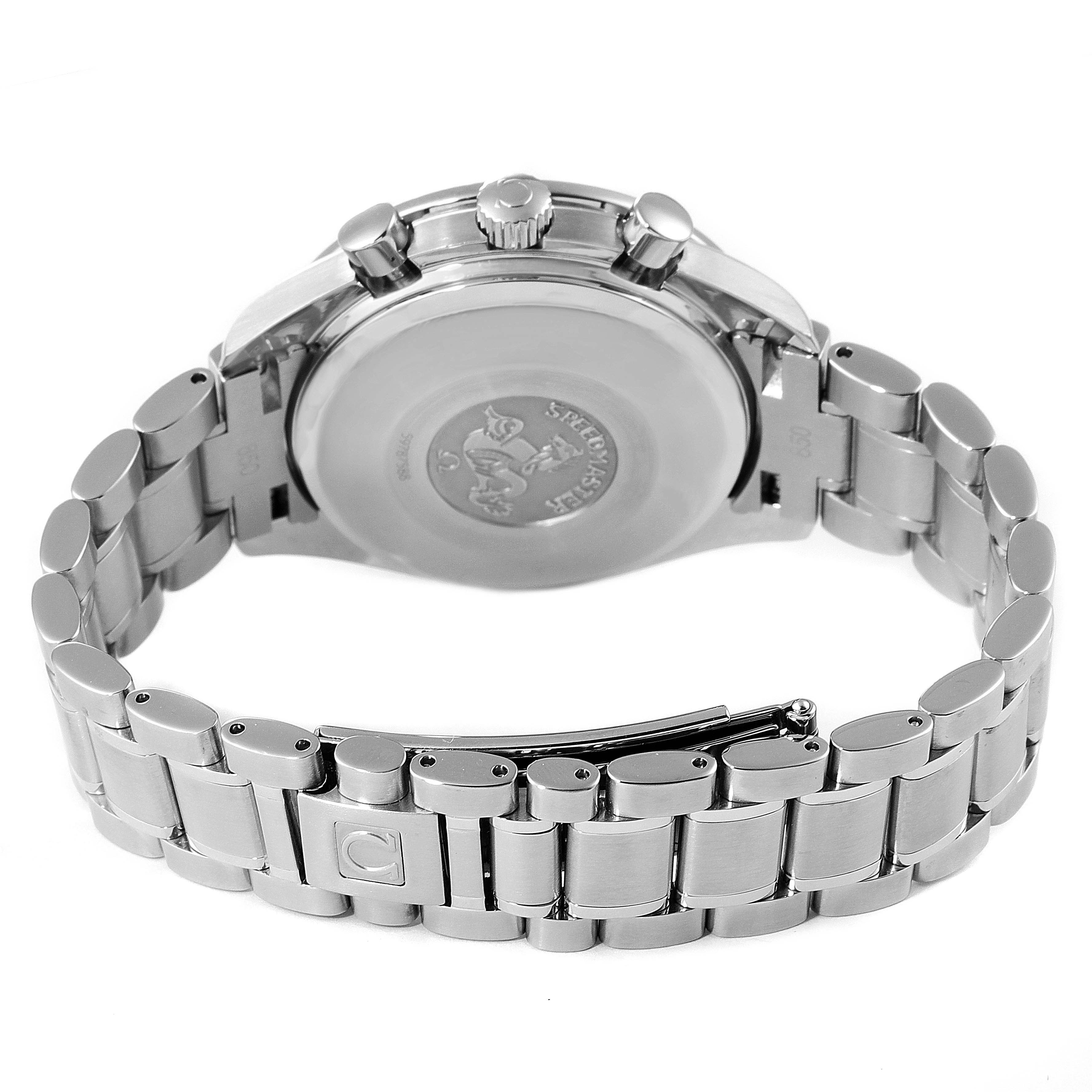 The image shows the back side and bracelet of an Omega Speedmaster 3513.30.00 Men
s Stainless Steel Silver Dial 3513.30.00 Men
s Stainless Steel Silver Dial watch with the clasp and case back clearly visible.