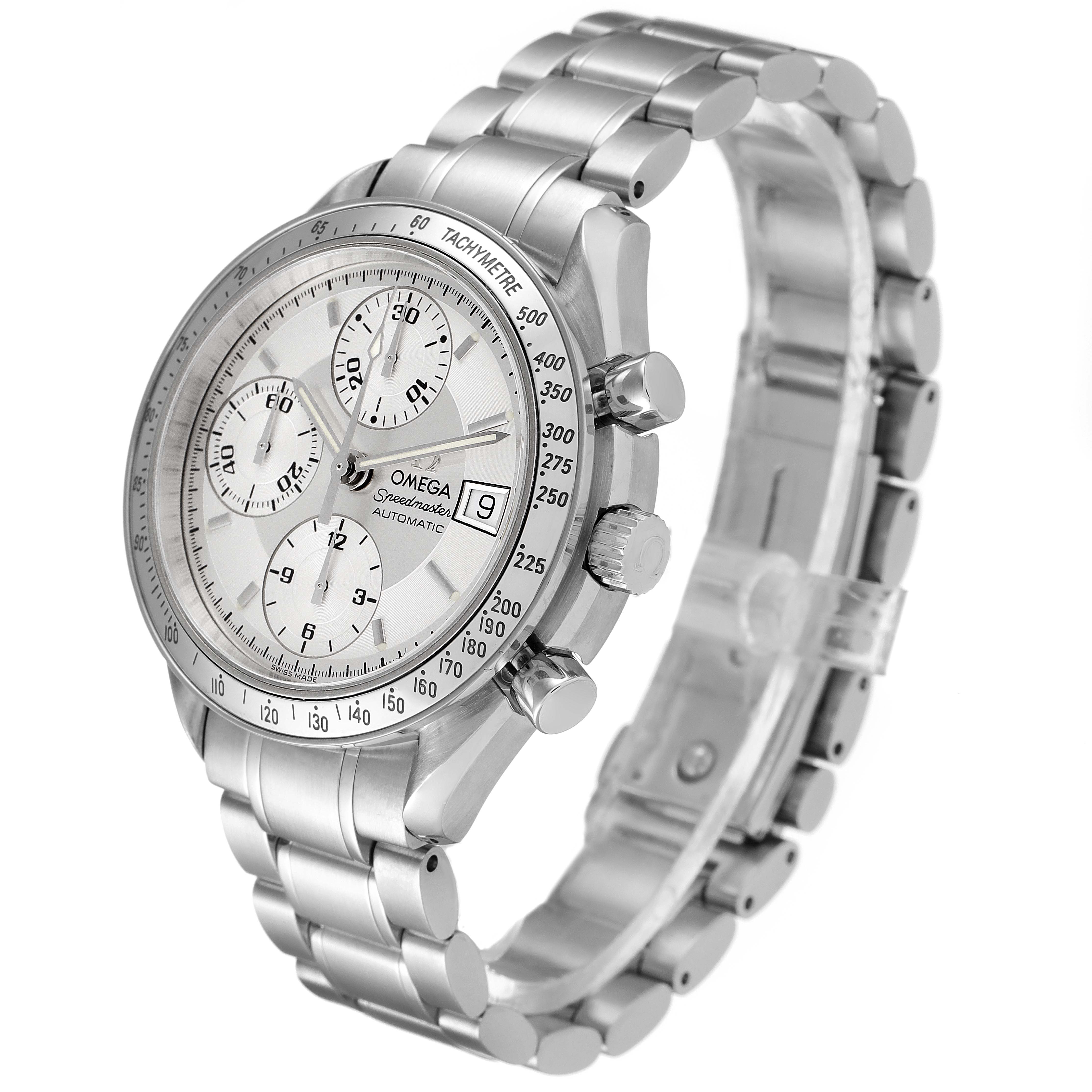 The Omega Speedmaster 3513.30.00 Men
s Stainless Steel Silver Dial 3513.30.00 Men
s Stainless Steel Silver Dial watch is shown at a three-quarter angle, highlighting the face, bezel, chronograph dials, and bracelet.