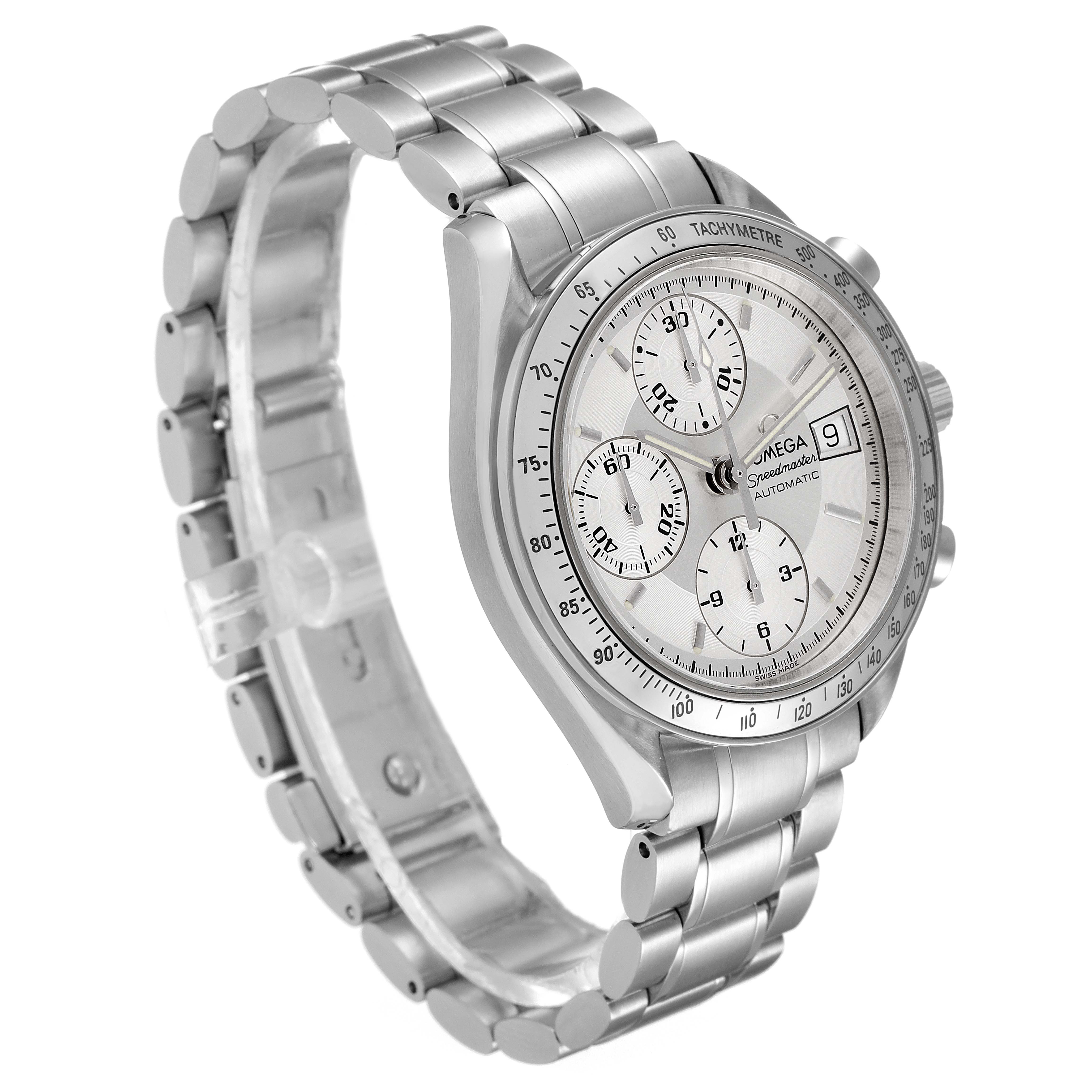 The image shows an angled view of an Omega Speedmaster 3513.30.00 Men
s Stainless Steel Silver Dial 3513.30.00 Men
s Stainless Steel Silver Dial watch, highlighting the face, subdials, bezel, and metal bracelet.