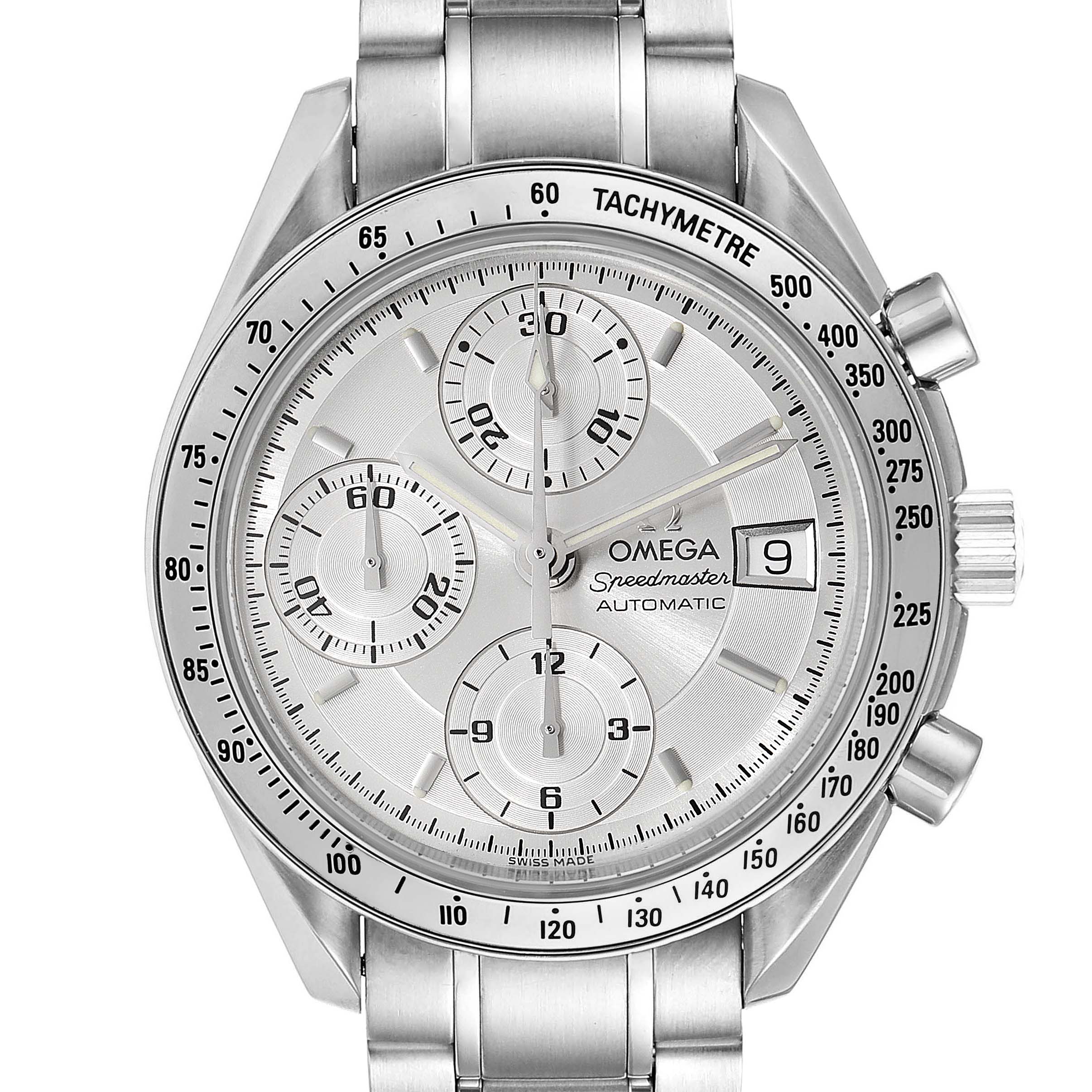 The image shows a frontal view of an Omega Speedmaster 3513.30.00 Men
s Stainless Steel Silver Dial 3513.30.00 Men
s Stainless Steel Silver Dial watch, highlighting its dial, bezel, tachymeter scale, subdials, date window, and buttons.