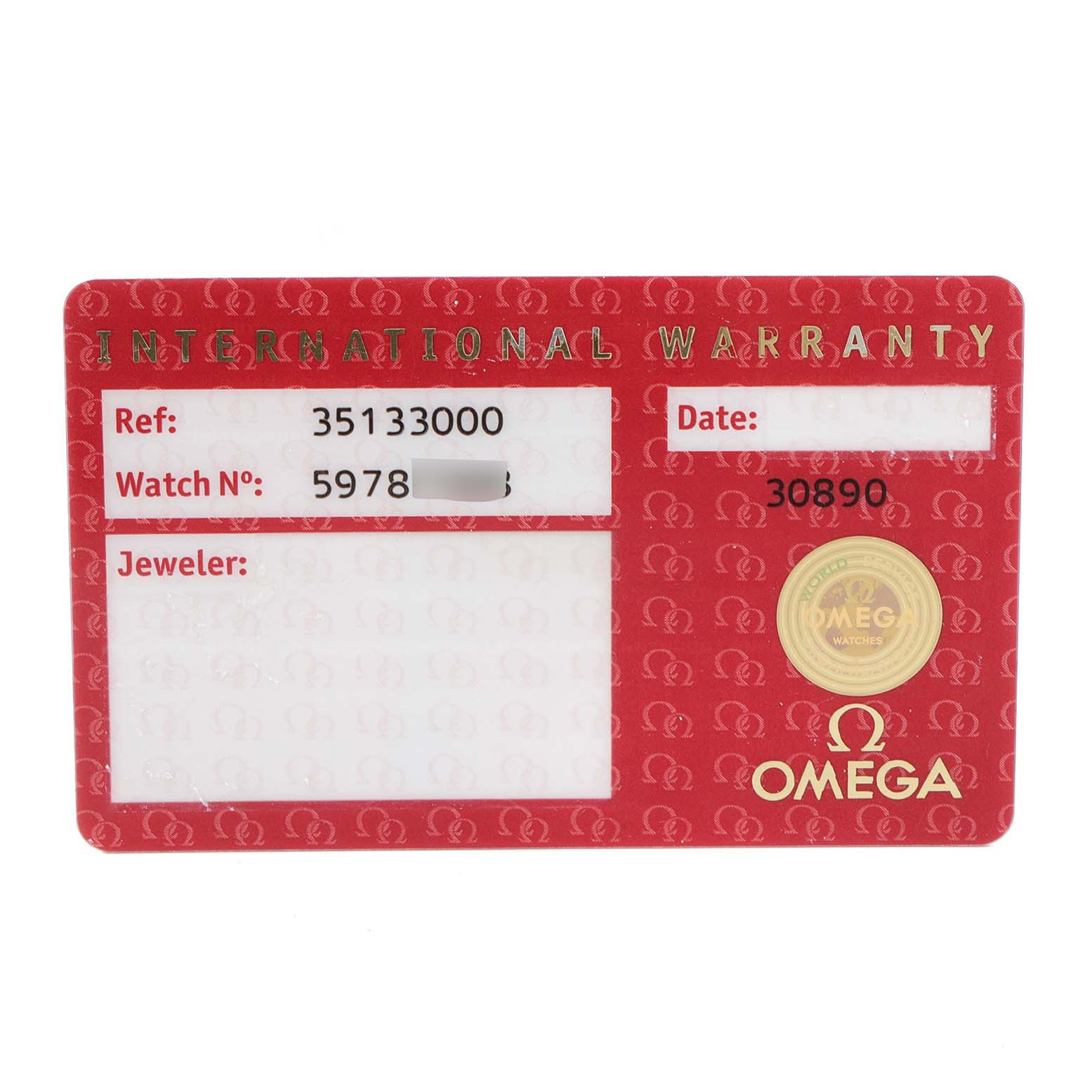 This image shows the international warranty card for an Omega Speedmaster 3513.30.00 Men
s Stainless Steel Silver Dial 3513.30.00 Men
s Stainless Steel Silver Dial watch.