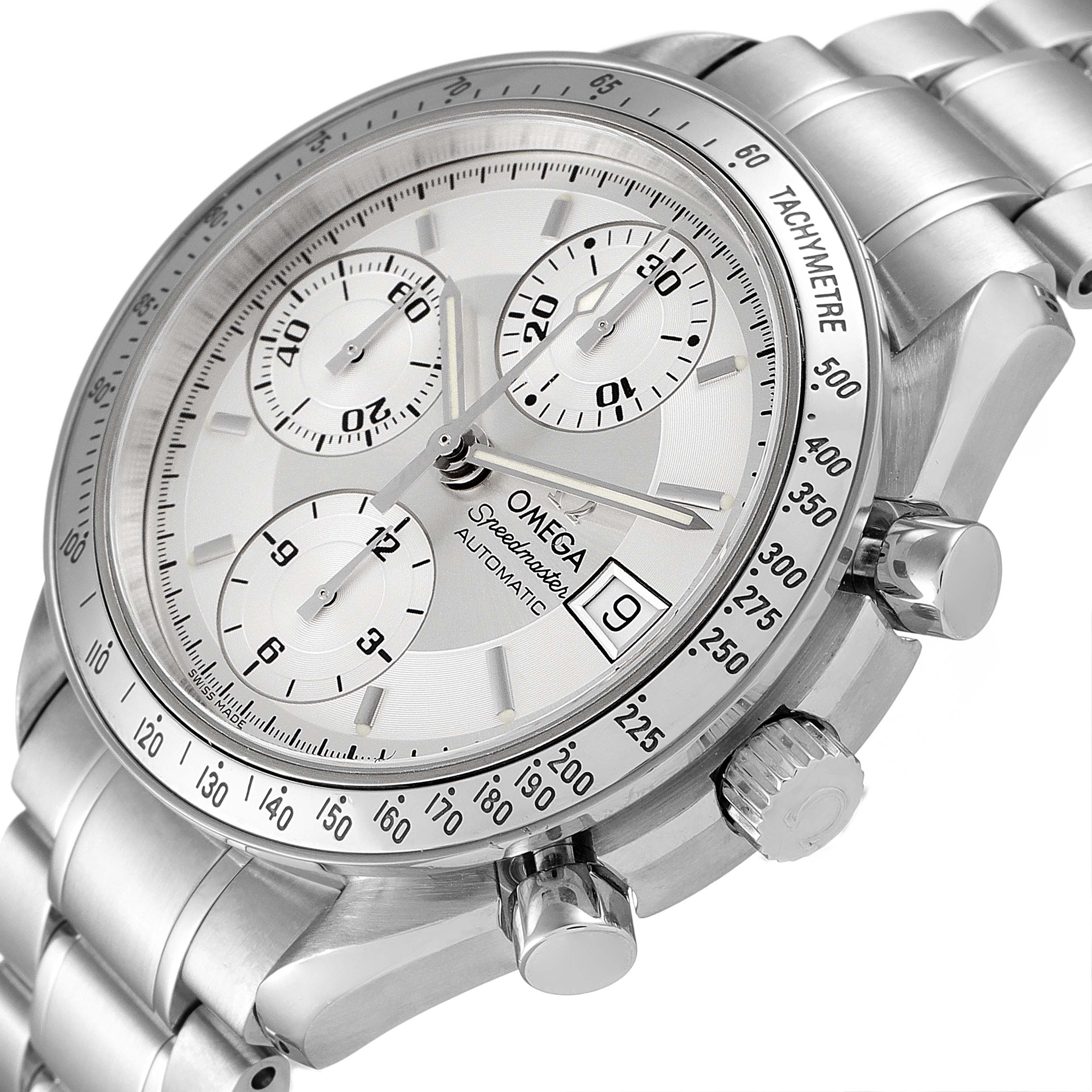 The image shows a close-up, side angle of an Omega Speedmaster 3513.30.00 Men
s Stainless Steel Silver Dial 3513.30.00 Men
s Stainless Steel Silver Dial
s face, including the tachymeter, chronograph dials, and metal bracelet.
