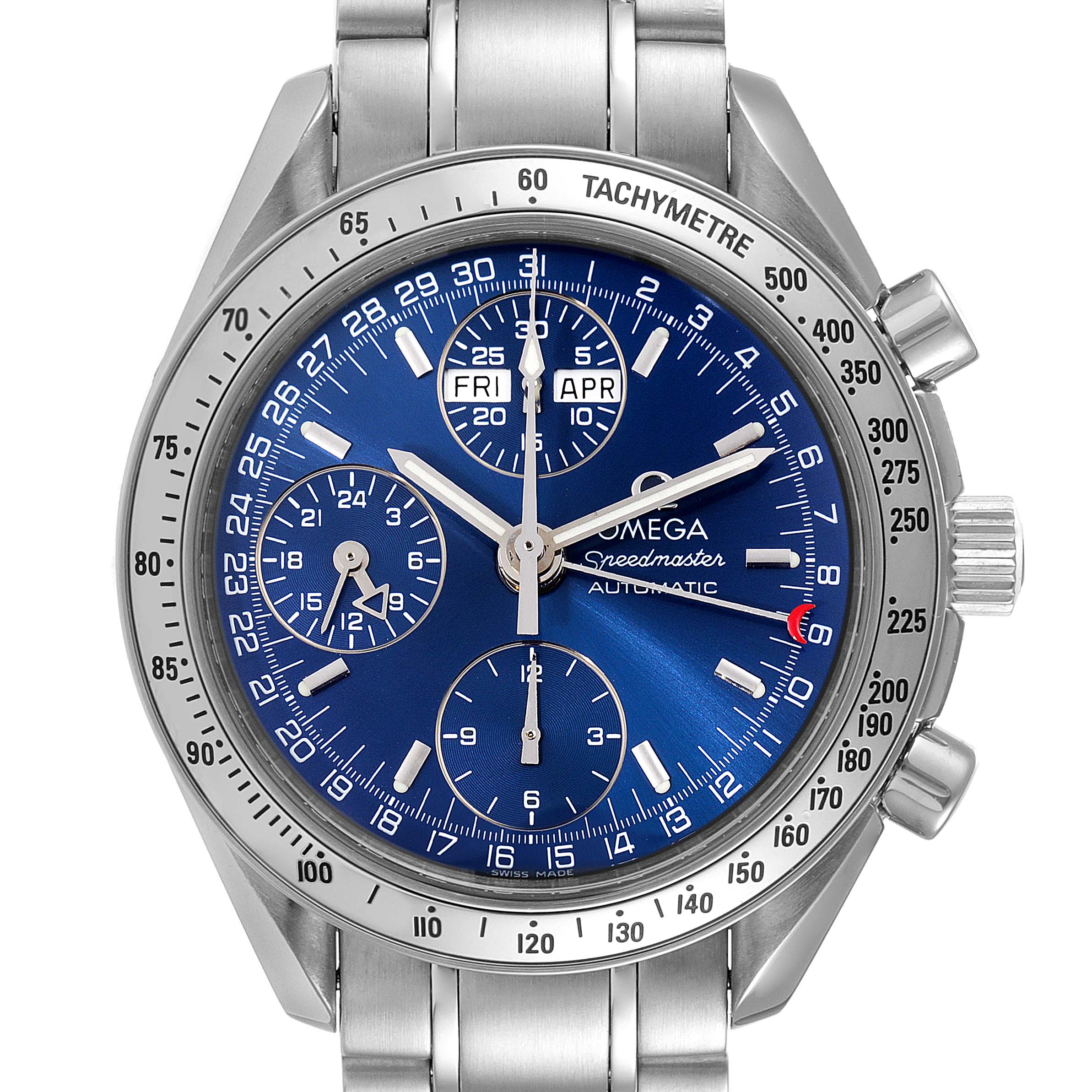 The image shows a front view of an Omega Speedmaster 3523.80.00 Men
s Stainless Steel Blue Dial 3523.80.00 Men
s Stainless Steel Blue Dial watch, detailing its blue dial, chronograph subdials, and stainless steel bracelet.