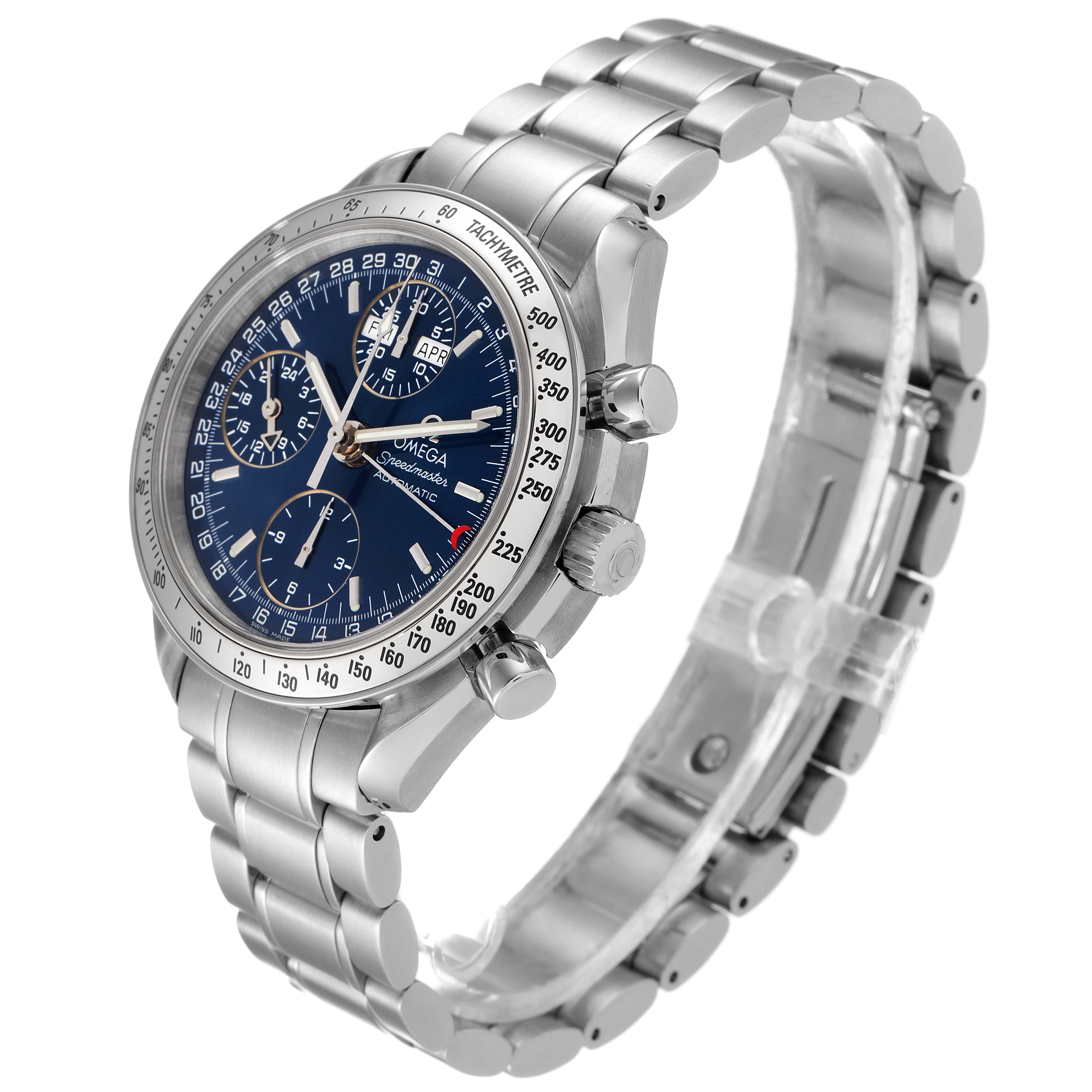 The image shows an angled view of the Omega Speedmaster 3523.80.00 Men
s Stainless Steel Blue Dial 3523.80.00 Men
s Stainless Steel Blue Dial watch, highlighting its face, bezel, case, crown, pushers, and metal bracelet.