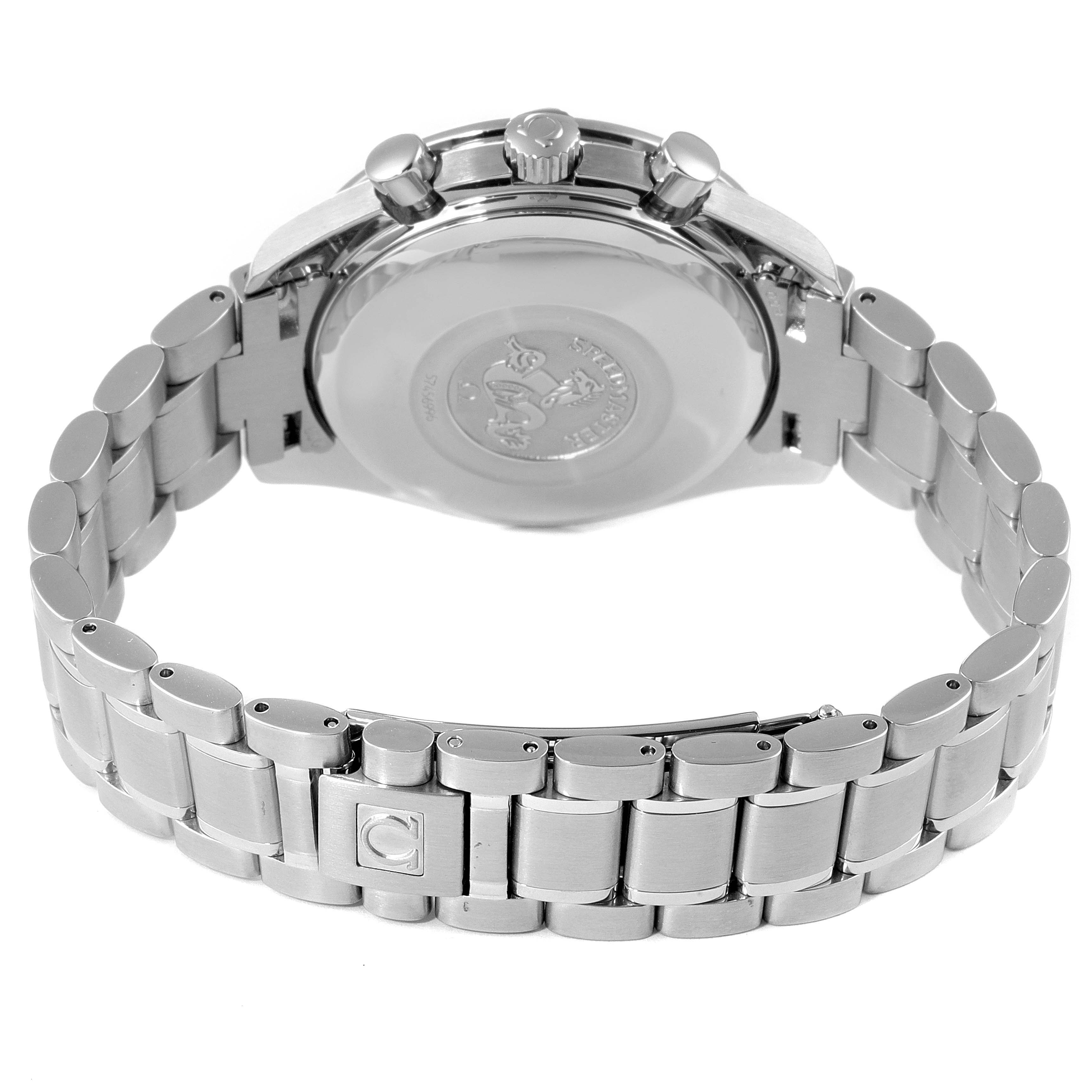 This image shows the back case and metal bracelet of an Omega Speedmaster 3523.80.00 Men
s Stainless Steel Blue Dial 3523.80.00 Men
s Stainless Steel Blue Dial watch from a rear angle.